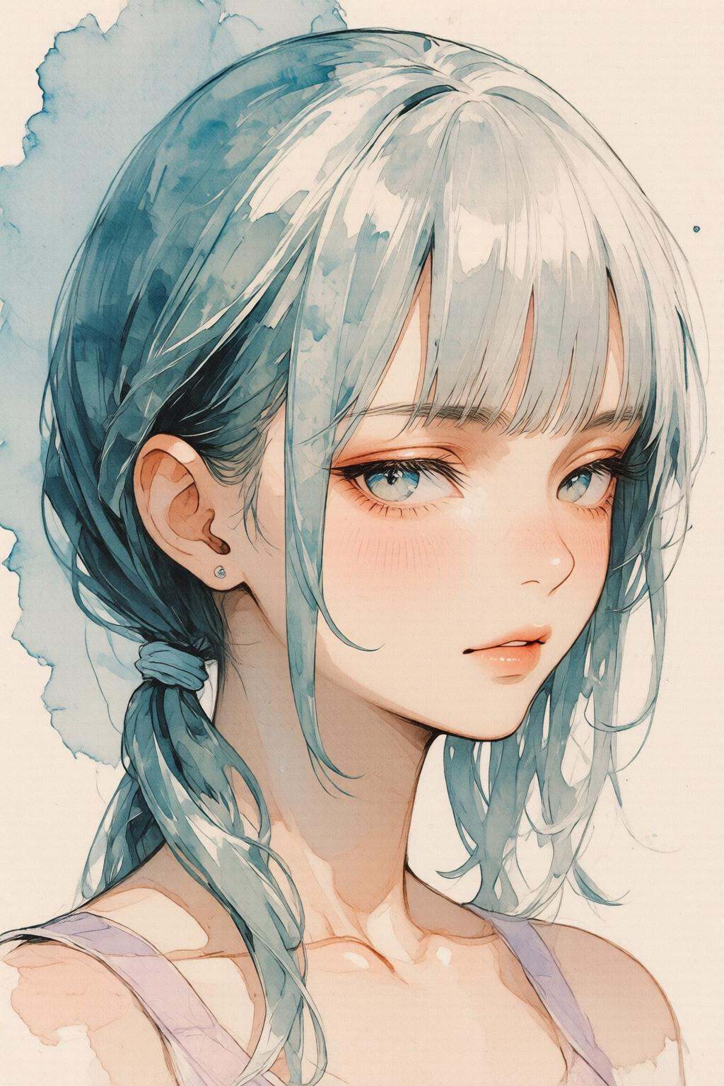 nijiwatercolor1q anime illustration.A close-up of a young woman with long,  light blue hair tied into a braid. She is wear...