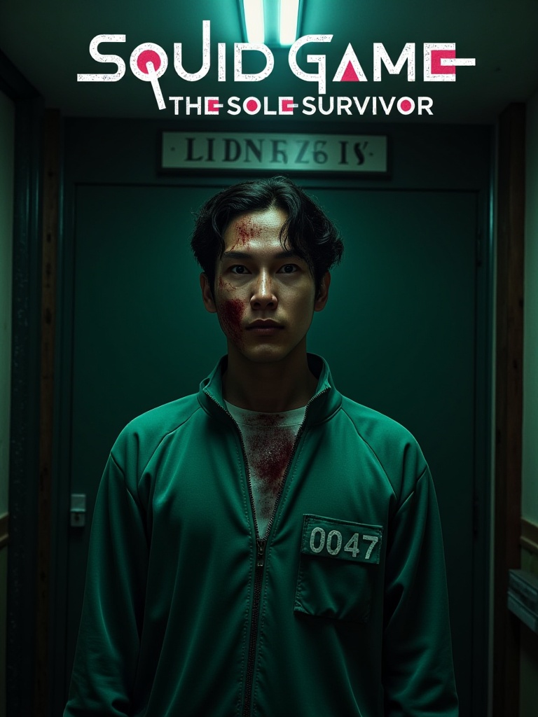 Squid Game,  Title text: "Squid Game: The **** Survivor" | Text: "Against All Odds" | Visuals: A lone male player in a gre...