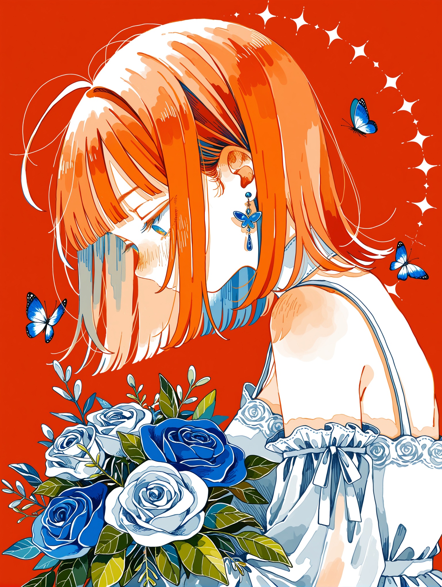 1girl, orange hair, medium hair, spiked hair, blunt bangs, ahoge, BREAK 1girl, close-up, from side, looking down, BREAK white sleeveless long frilled wedding dress, detached sleeves, earrings, white rose, blue flower, bouquet, leaf, butterfly, (crimson background), BREAK (watanabe tomari:1.05), (fjsmu:0.7), (watari \(nijimukiokuiro\):0.85),,masterpiece,best quality,amazing quality,