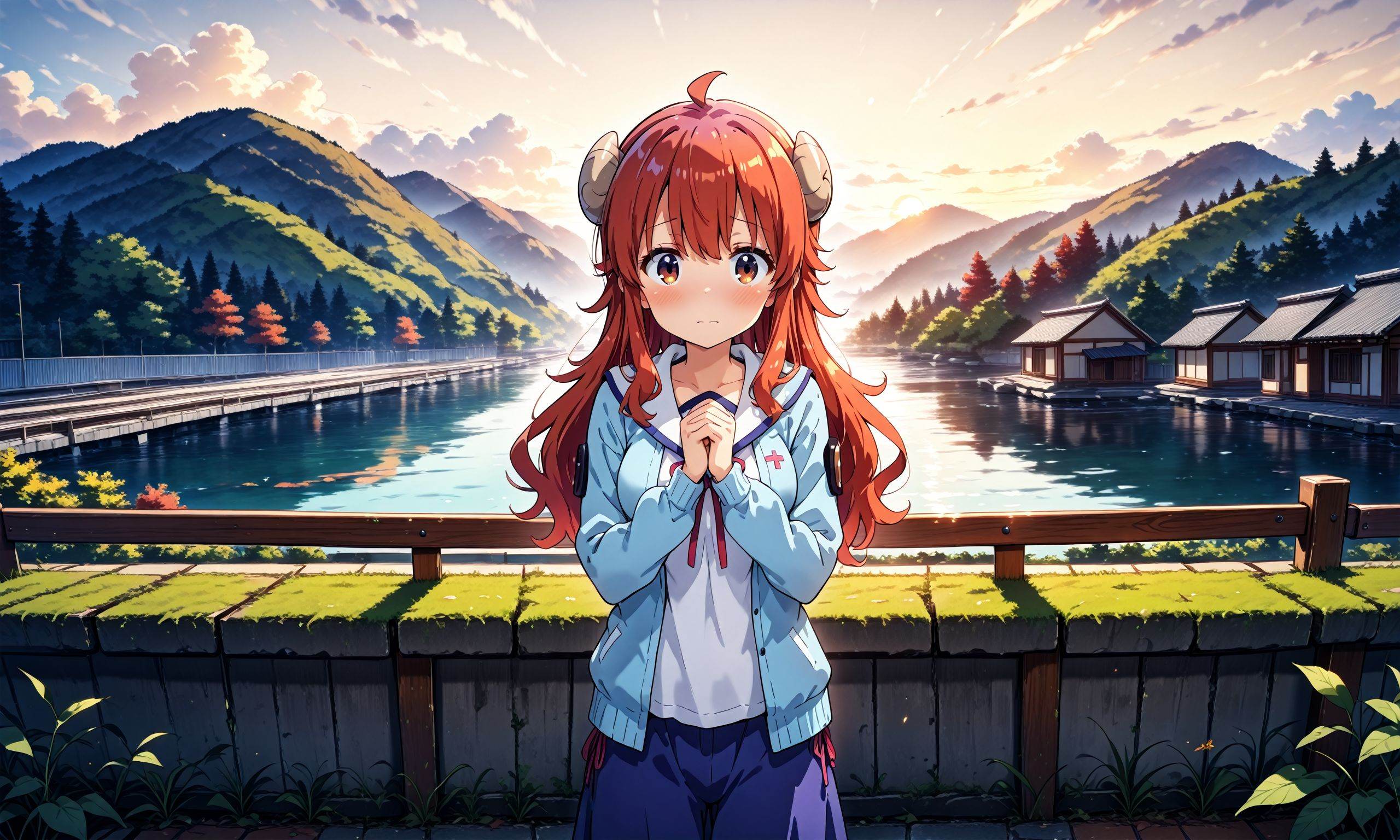 riko (machikado mazoku),  Clasping own hands,  outdoors on Tensor.Art