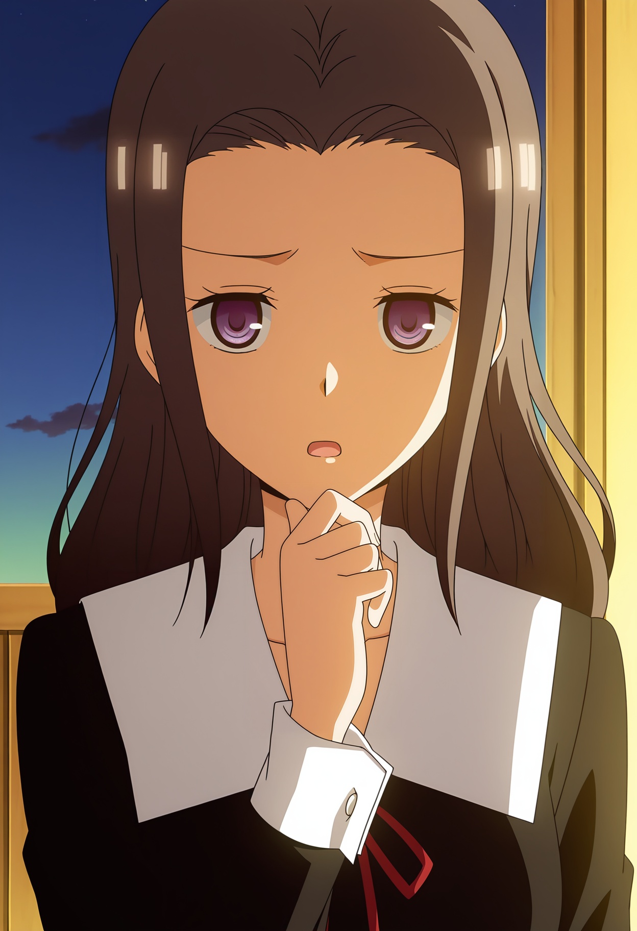 <lora:Kino Karen_illustrious-000010:1>,Kino Karen,solo,school uniform,red ribbon,ribbon,upper body,open mouth,long sleeves,hand on own chin,neck ribbon,dress,black dress,anime coloring,anime screencap,