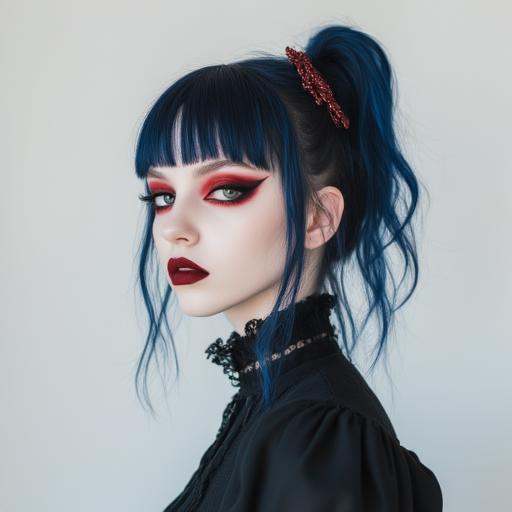 A striking gothic portrait of a young woman with pale,  porcelain-like skin,  dressed in an elegant black lace high-collar...