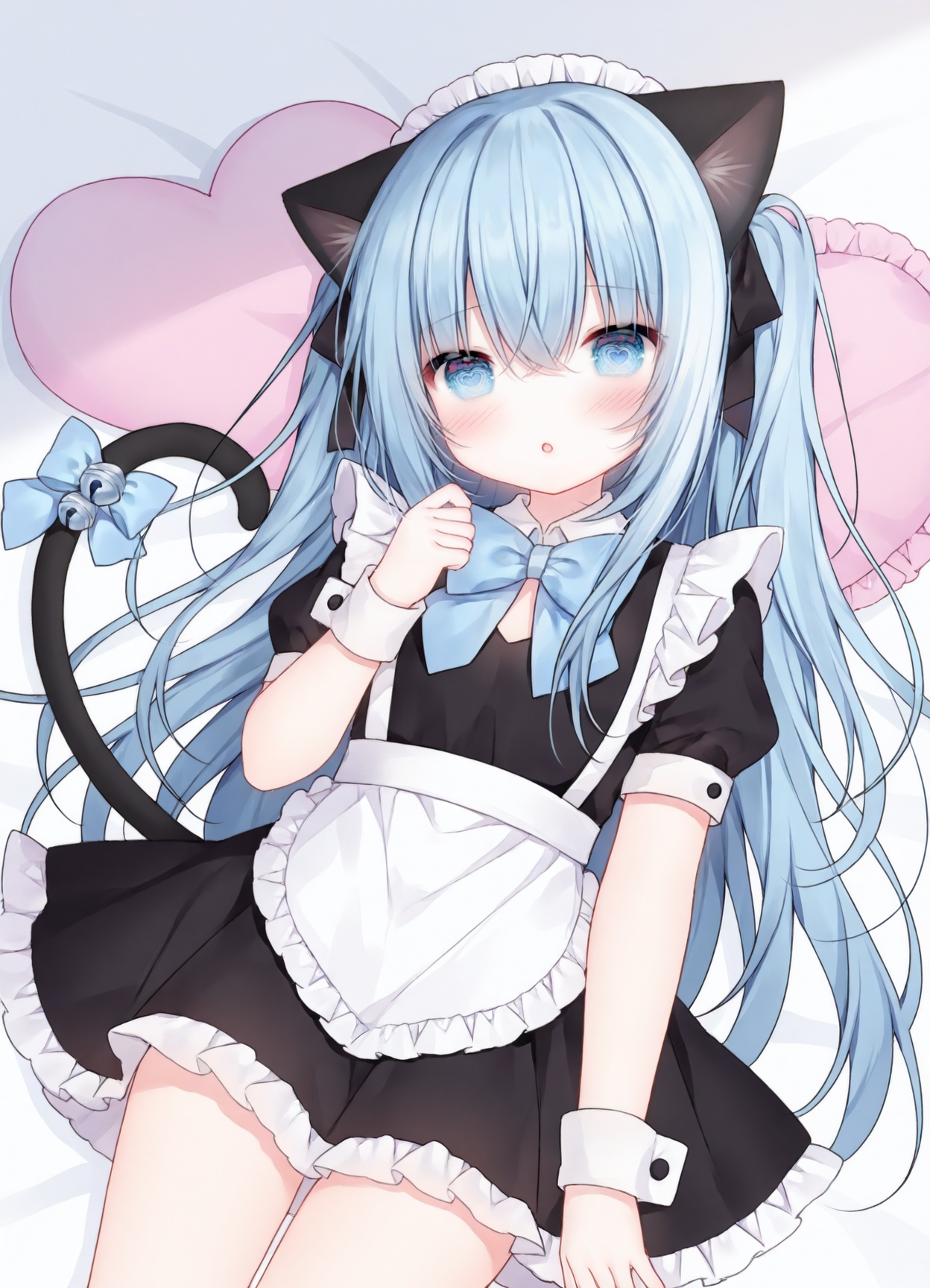 masterpiece, best_quality,high_quality,guo jiang mullay, loli,chen_bin,heart-shaped eyes,nekoha shizuku \(amashiro natsuki\), 1girl, apron, cat ears, white apron, cat tail, puffy short sleeves, short sleeves, tail, animal ears, frilled apron, solo, puffy sleeves, long hair, black dress, blue hair, jingle bell, cat girl, blue eyes, dress, bell, frills, waist apron, very long hair, tail bell, parted lips, bow, blue bow, maid headdress, maid, hand up, hair between eyes, tail ornament, blush, one side up, wrist cuffs, :o, looking at viewer, pillow, collared dress, tail raised, heart, maid apron, black ribbon, bed sheet, tail bow, two side up<lora:guo_jiang-R2-lokr-f4:0.85>