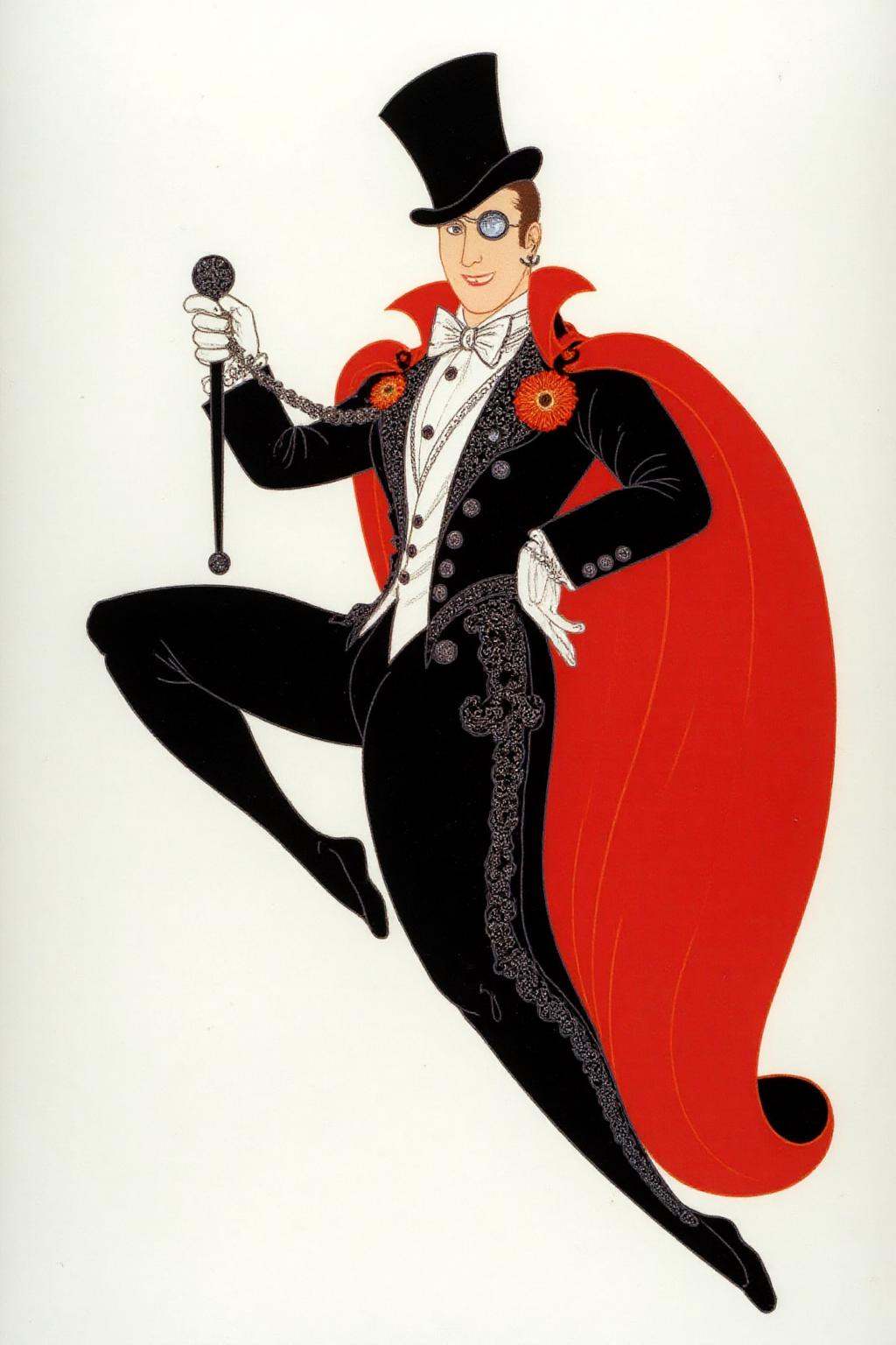 erte1 illustration.A man dressed in a vibrant costume is jumping. He is wearing a black top hat,  a monocle,  a black tuxe...