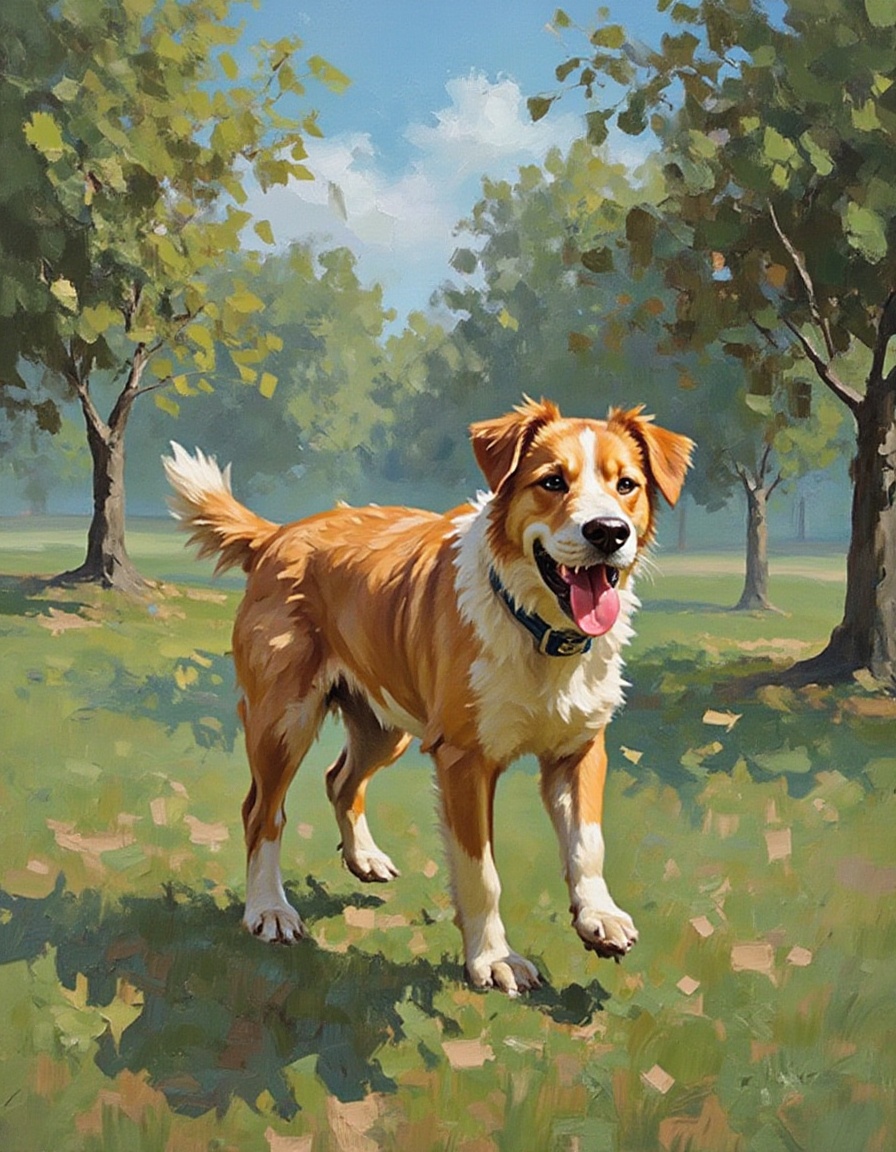 A dibrshstrk style painting,  a dog playing fetch in a park on Tensor.Art