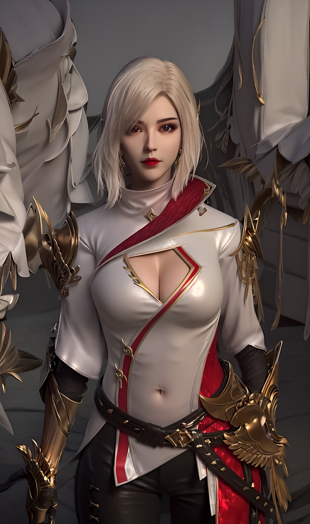 3D,masterpiece,(best quality),(makeup),official art, extremely detailed cg 8k wallpaper,((crystalstexture skin)), (extremely delicate and beautiful),(highly detailed),(face),(collar),(gold_trim),(1girl), (solo), (jewelry), (earrings),(hair),(short_hair),(hair_ornament),(handwear),(breasts),(cleavage),(standing),((upper_body)),(closed_mouth),((black_pants)),(multicolored_clothes),(multicolored_dress),(shiny_clothes),(city,outdoor,bed),(thighs),(gauntlets),(armor),(shoulder_armor),tight_pants,,((looking_at_viewer)),((Facing the camera)),, <lora:hipoly3DModelLora_v10:0.3>