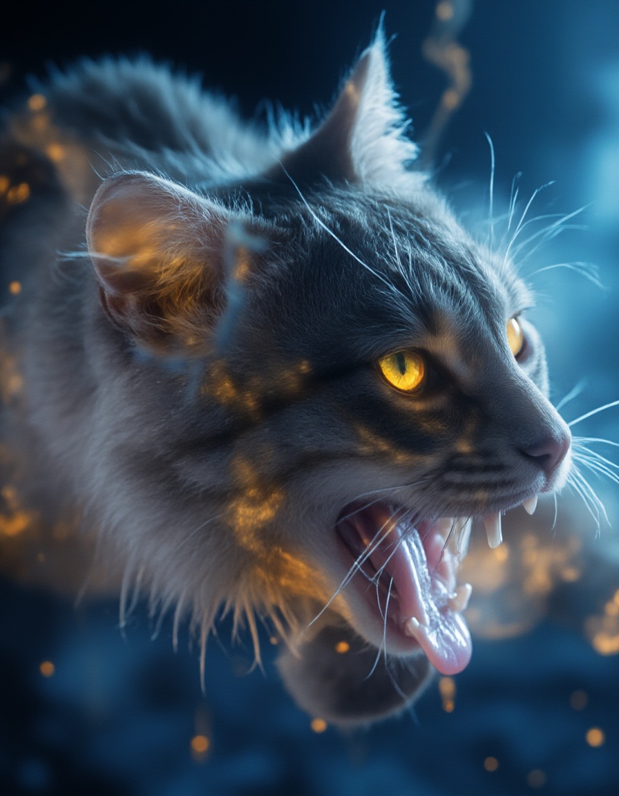 (score_9, realistic, score_8_up:1.3), score_7_up, raw, photo realistic,  HD,8K, CWFantacyGlow,1boy,animal,artist name,blurry,blurry background,blurry foreground,cat,depth of field,deviantart username,earth \(planet\),glowing,male focus,motion blur,no humans,ocean,open mouth,planet,realistic,sharp teeth,signature,solo,space,teeth,water,watermark,yellow eyes   <lora:FLUX.奇幻内发光CWFantacyGlow:1.1>