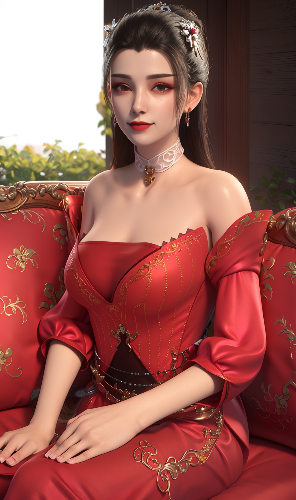 3D,masterpiece,(best quality),(makeup),official art, extremely detailed cg 8k wallpaper,((crystalstexture skin)), (extremely delicate and beautiful),(highly detailed),(1girl), (solo), (jewelry), (earrings),(long_hair),(hair),(hair_ornament),(handwear),(breasts),(sitting),,(upper_body),((dress)),(multicolored_clothes),(multicolored_dress),,(collar),((chinese_clothes)),(adapted_costume),((closed_mouth)),(sleeved),,(long_dress),(long_skirt),(bare_shoulder:1.000),(sunshine, outdoor,sofa),((looking_at_viewer)),((Facing the camera)),, <lora:hipoly3DModelLora_v10:0.3>