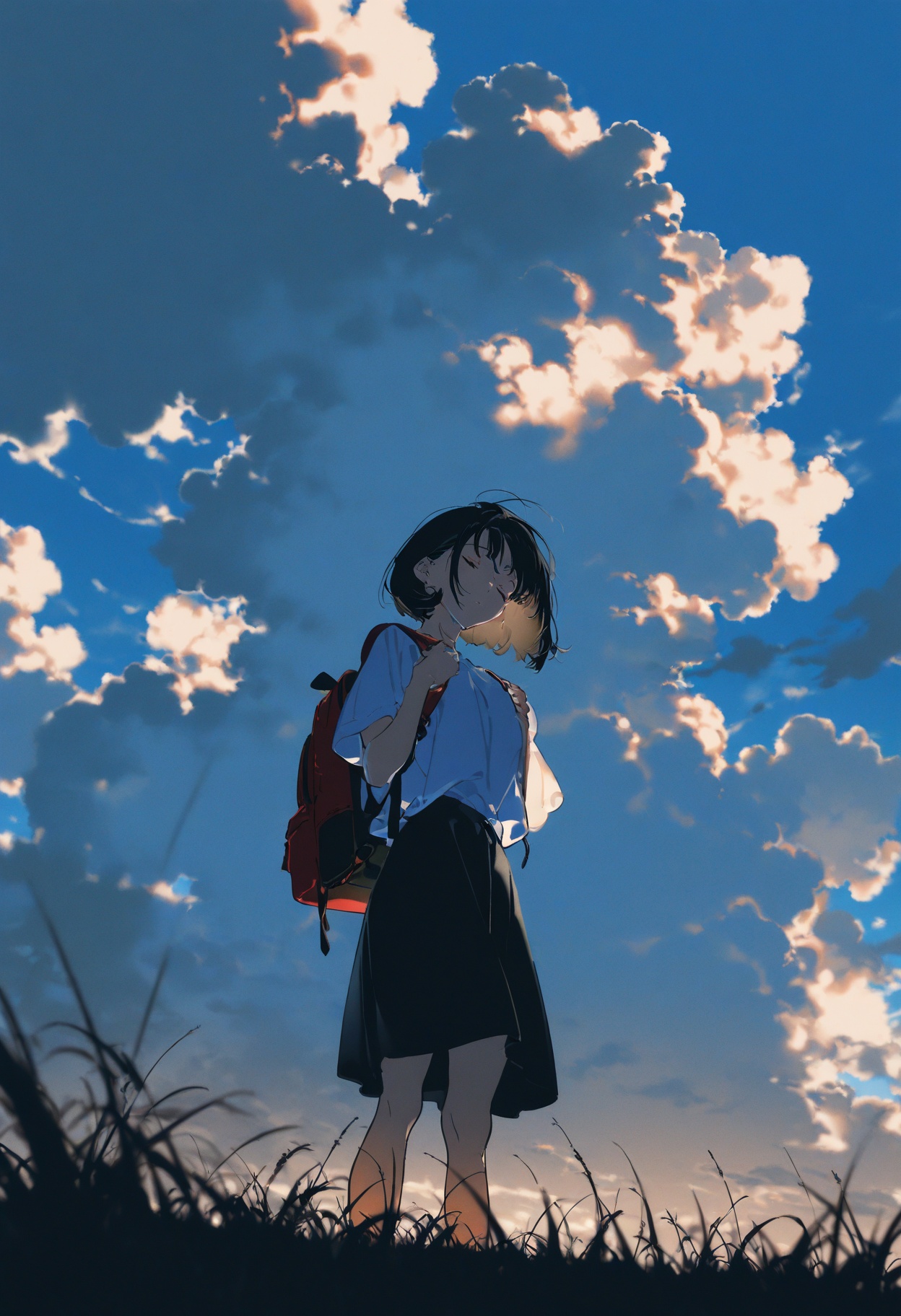 masterpiece,best quality,amazing quality,very aesthetic,absurdres,newest,impactful picture,offcial art,movie perspective,yoneyama mai,cute painting style,dark,dramatic lighting,cold colors,1girl,solo,sky,cloud,1girl,backpack,outdoors,shirt,short hair,bag,from below,white shirt,day,blue sky,short sleeves,black hair,closed eyes,grass,standing,cloudy sky,