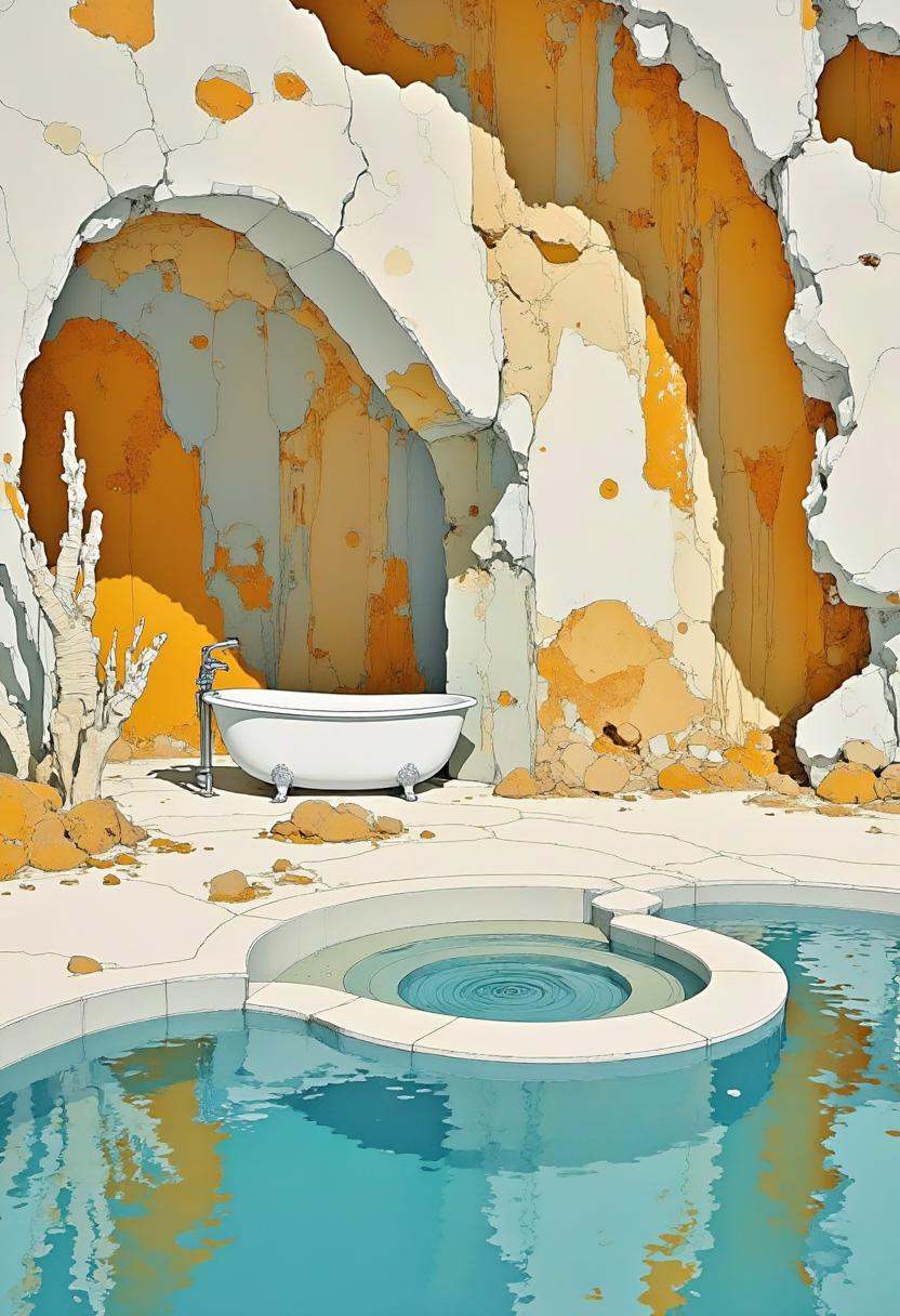 A digital illustration featuring a white bath tub sitting near a pool,  cave system,  golden organic structures on Tensor.Art