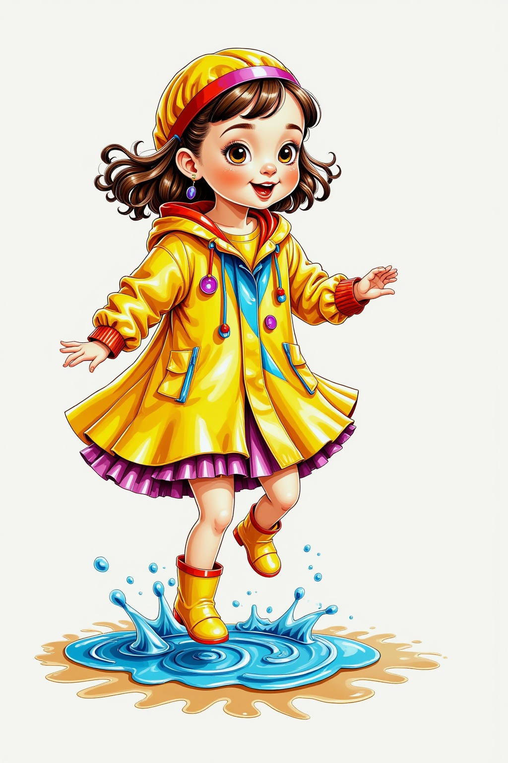 SK,SK,Hand-drawn illustration,1girl,The little girl in the yellow raincoat and boots jumped happily in the puddle in the rain. Every time she fell,she would splash high water,but she didn't care. Her laughter was crisp and loud. The rain wet her face,but she couldn't cover her bright eyes and bright smile.,