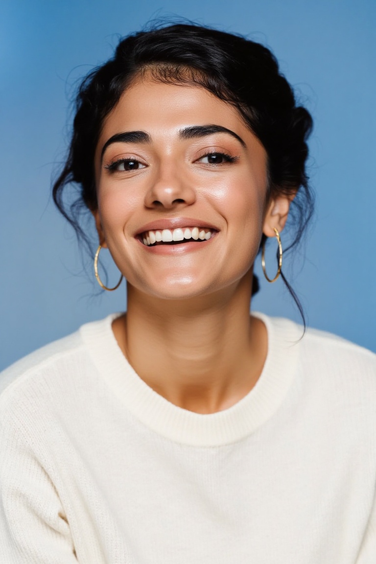 A modern portrait of a woman with her hair softly styled to frame her face. She has a serene happy expression,  with pierc...