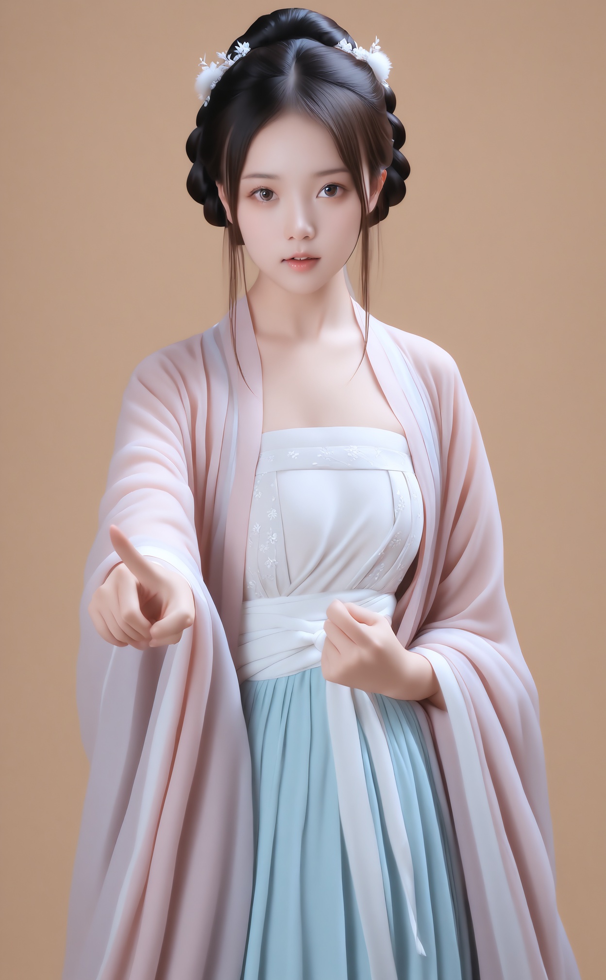 masterpiece,best quality,high quality,1girl,hanfu,pointing at viewer,realistic,