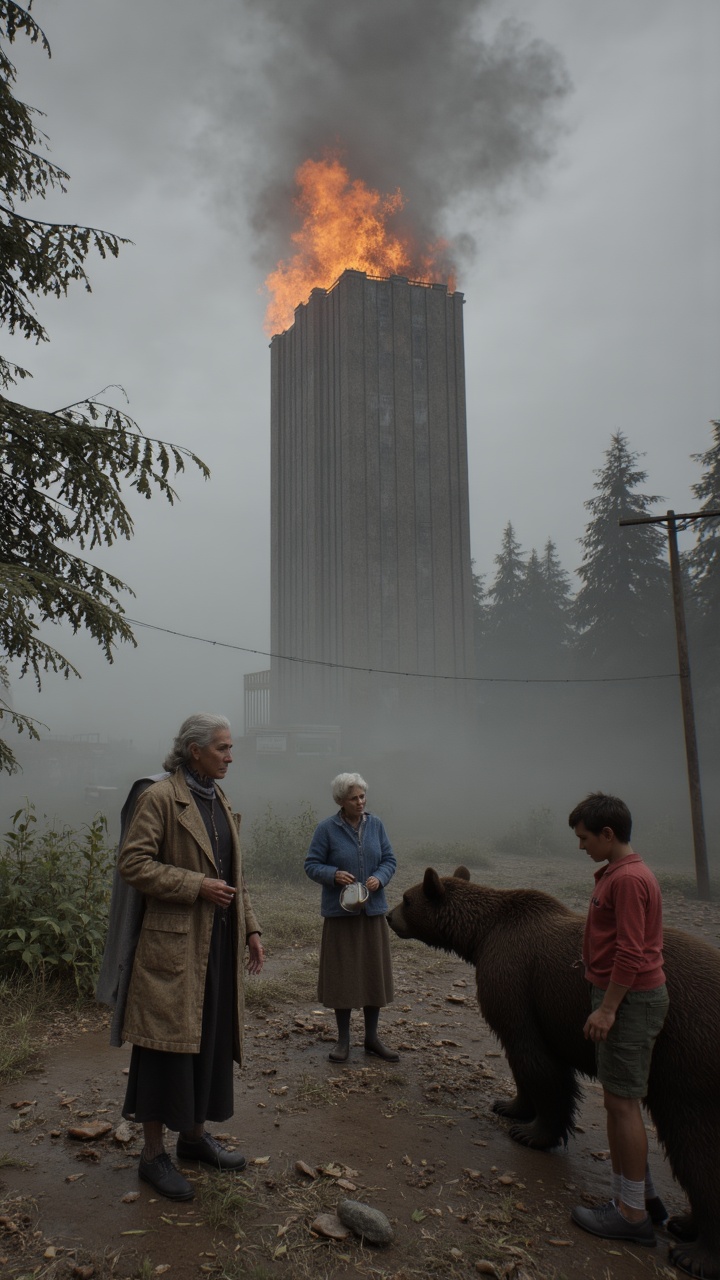 landscape of a realistic photograph captures the scene of a hauntingly beautiful place,  with a towering skyscraper and a...