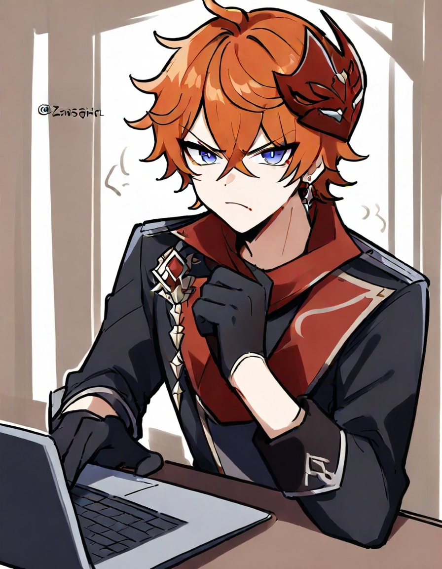 1boy, tartaglia \(genshin impact\), genshin impact,zmgwshnmspfd, hair between eyes, bangs, orange hair, blue eyes, earrings, single earring, mask on head, short hair, laptop, angry, long sleeves, jacket, computer, twitter username, crossed bangs, simple background, gloves, vision \(genshin impact\), coat, looking at viewer, holding, artist name, frown, black coat, white background, scarf, jewelry, mask, upper body, black gloves, closed mouth, sidelocks, solo, hand up, red scarf<lora:nsnsns:1>​​​