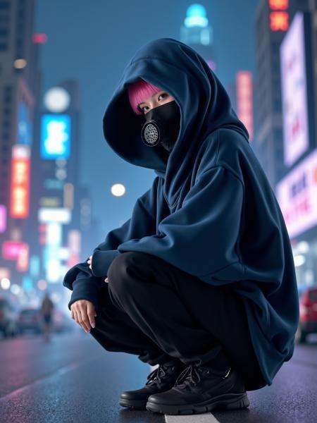 mad-cbrpnkhd02,  woman wearing dark blue hoodie,  hood_up on Tensor.Art