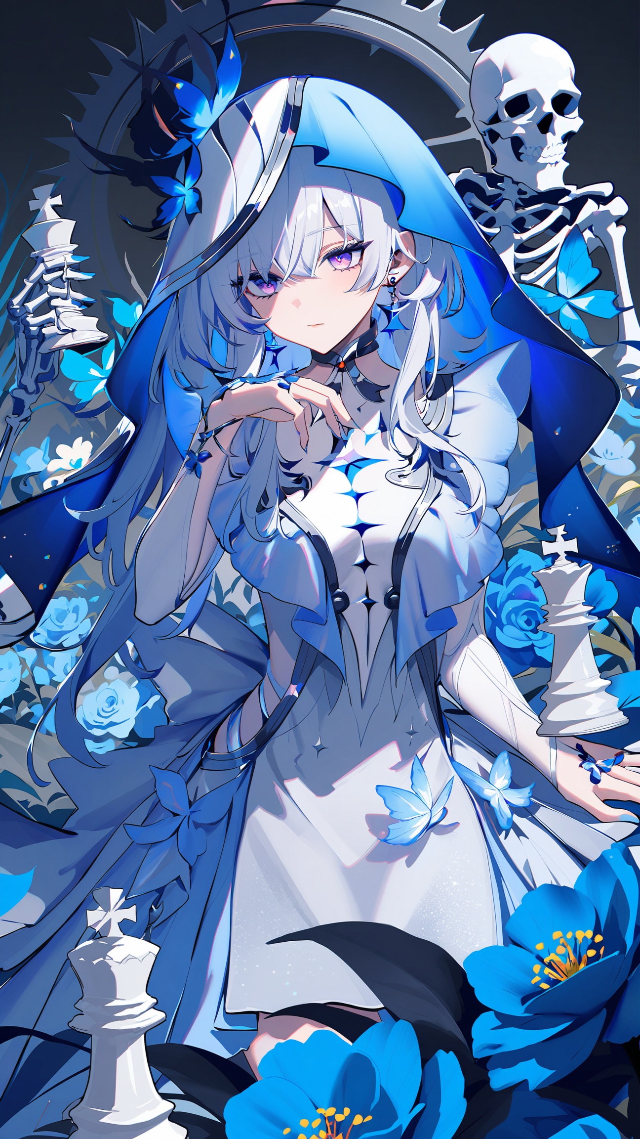 1girl,solo,long hair,bangs,purple eyes,long sleeves,dress,jewelry,closed mouth,flower,white hair,earrings,white dress,crown,blue nails,blue flower,chess piece,skeleton,