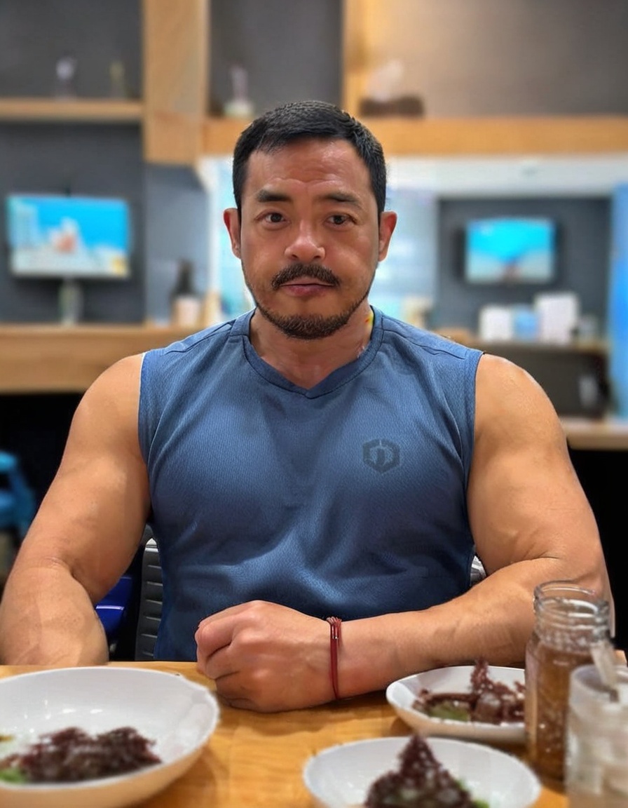 (score_9, realistic, score_8_up:1.3), score_7_up, raw, photo realistic,  HD,8K,1boy, bara, black hair, blue shirt, cnjipan, facial hair, indoors, mustache, photo background, pov across table, realistic, shirt, short hair, sitting, sleeveless <lora:SDXL_亚洲壮男CNJIPAN.ta:1>