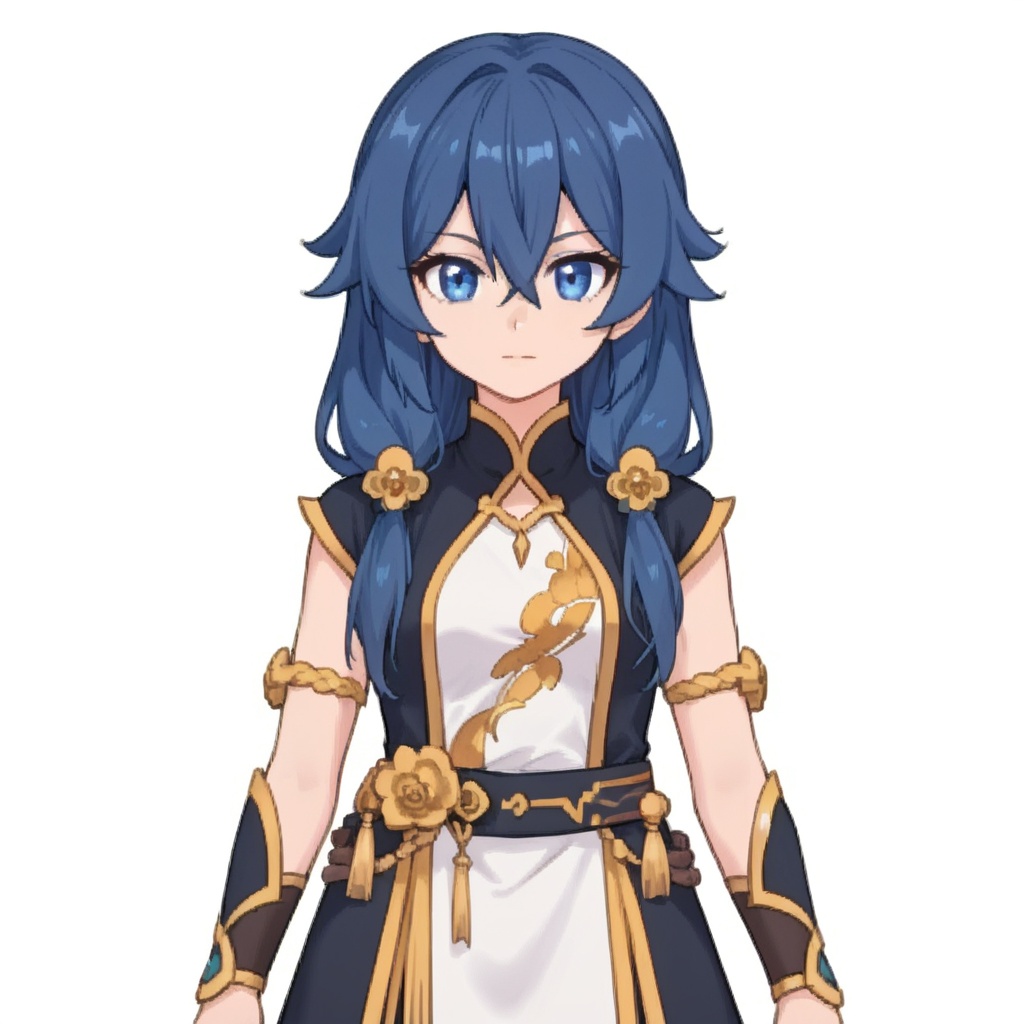 (white background:1.2),looking at viewer,(SOLO:1.4),outline,simple background,upper body, cowboy shot,looking at viewer,(((arms at side))),  fu hua, long hair, bangs, hair ornament, blue eyes, hair between eyes, blue hair, grey hair, low-tied long hair<lora:qxyj-manga-pony:0.8>