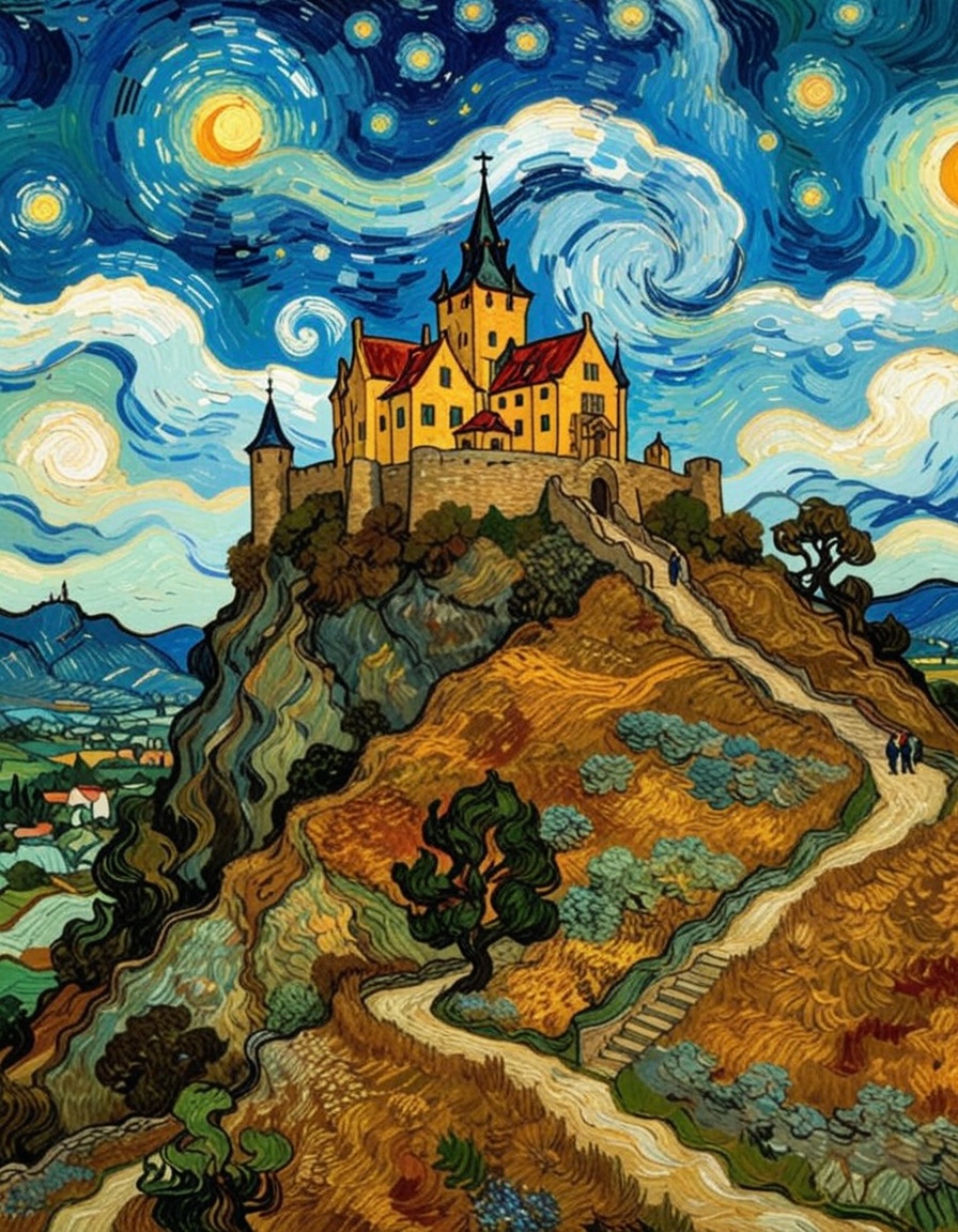castle in the top of the hill,  van gogh style on Tensor.Art