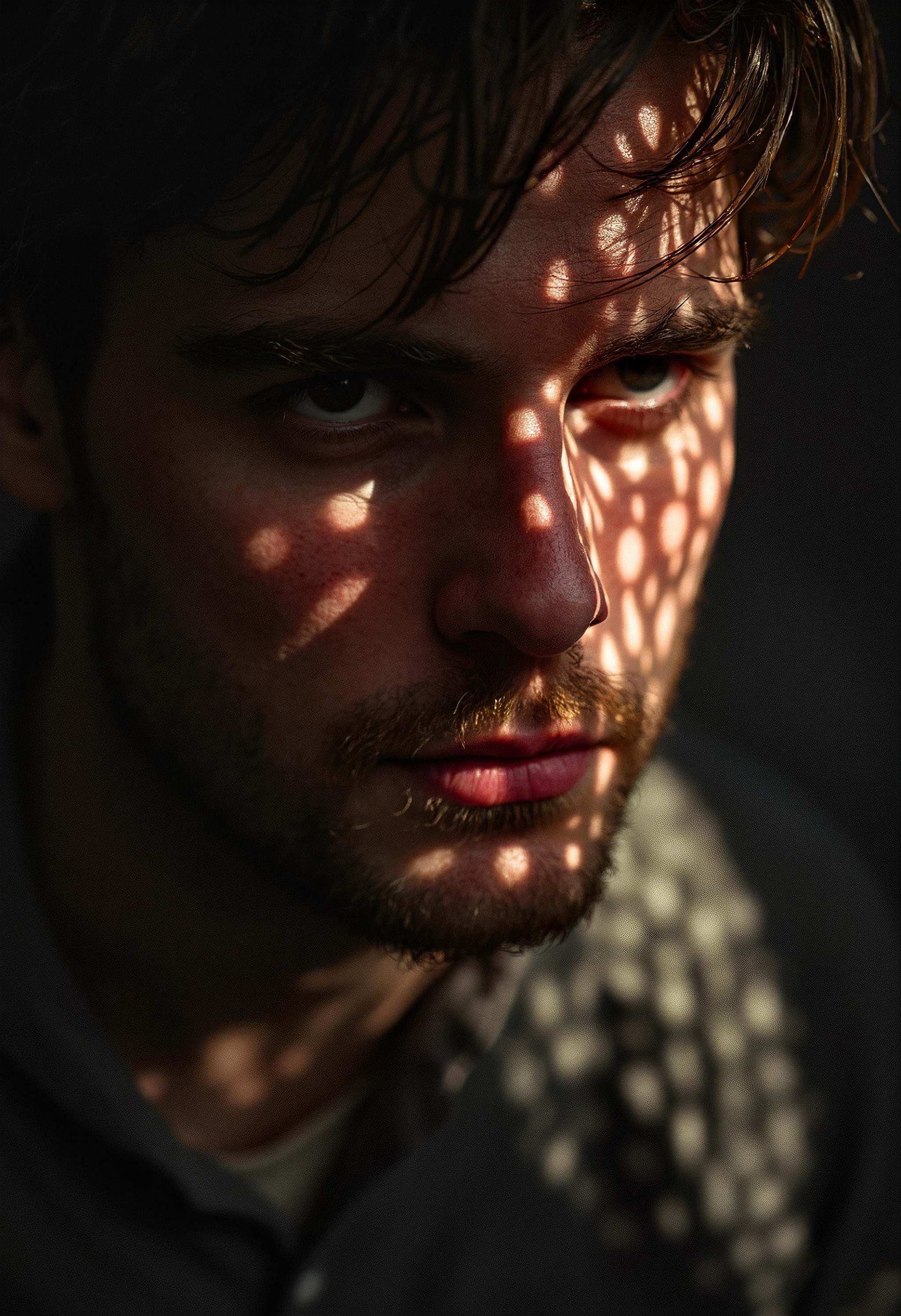 A close-up of a male,  intense film burns. The face is entirely covered in a detailed light pattern. The composition focus...