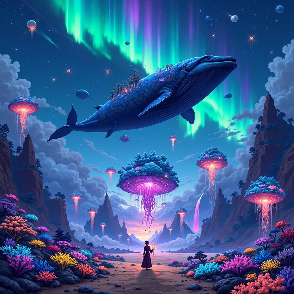 3pic_vist4, anime_martz, a massive floating whale drifts above a glowing desert where vibrant coral reefs grow from the sand, under an aurora-lit sky. A lone figure, dressed in Victorian-era clothing and holding a candle, stands on a mountain-sized jellyfish, gazing at an upside-down forest suspended in the sky. In the distance, neon pyramids pulse to an unseen rhythm, and waterfalls flow upward into the clouds. Fireflies as large as planets hover in the background, casting an ethereal glow over this otherworldly landscape.