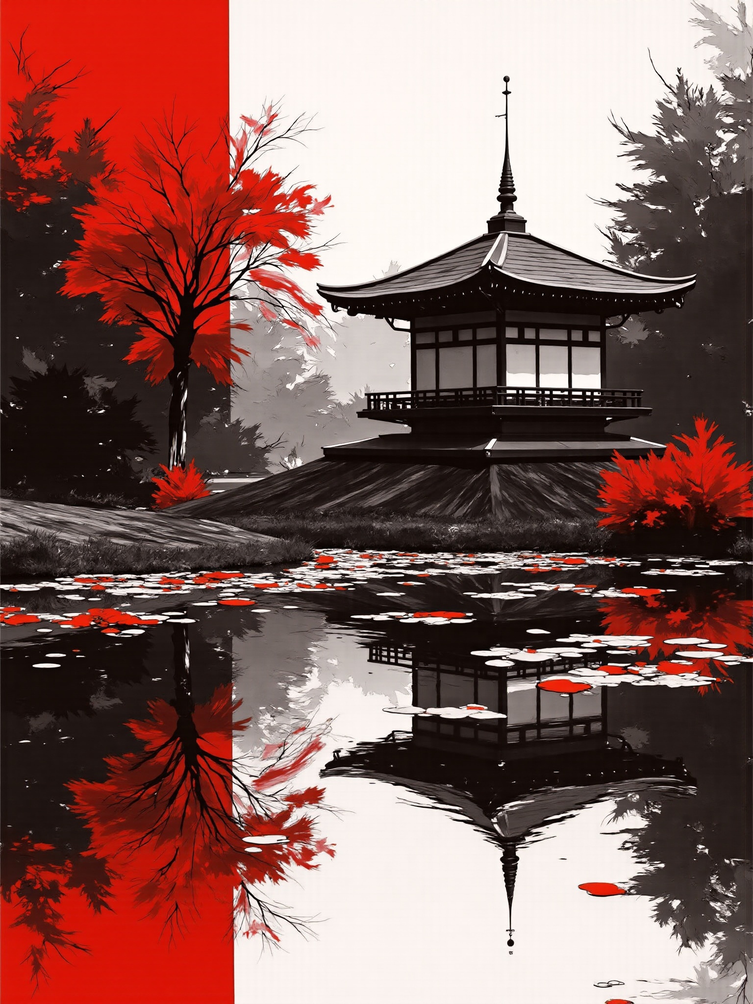 mad-mdrnmnmlsm painting of temple next to a pond in a japanese garden brush_stroke,  light red on Tensor.Art