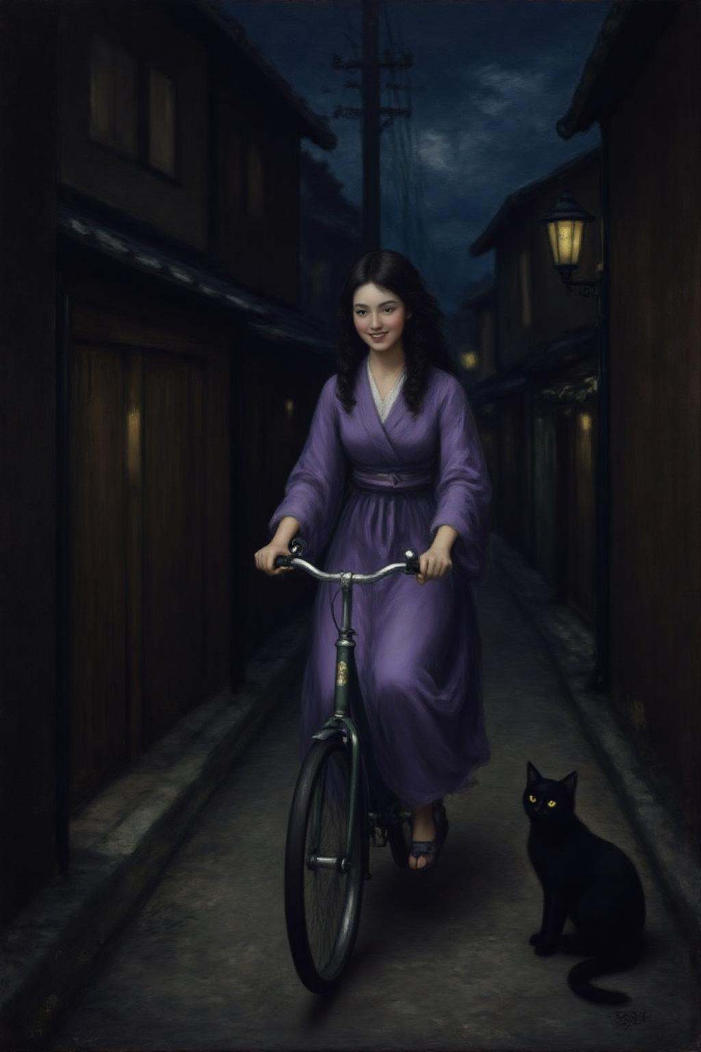 gainsbo1 paintingA Japanese school girl riding a old style bicycle through a narrow,  quiet street at night. The happy wom...