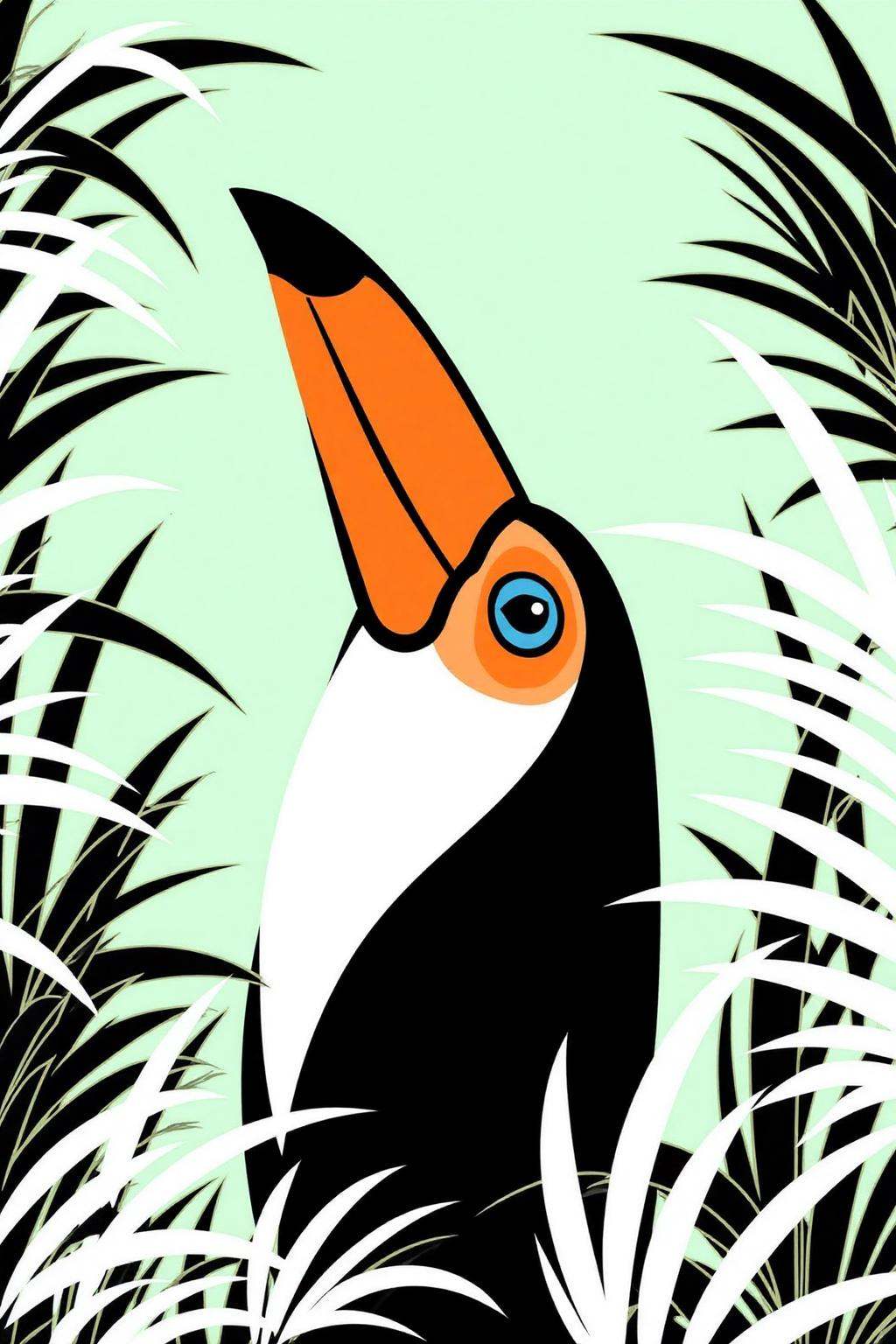 vector art. a toucan bird,  characterized by its large,  bright orange beak and blue eye. The toucan is set against a ligh...