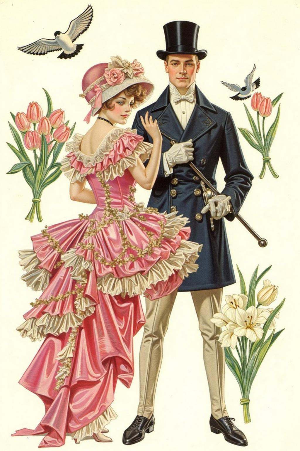 jcleyen1 painting.An elegant early 20th-century illustration in the style of J.C. Leyendecker,  depicting a fashionable Vi...