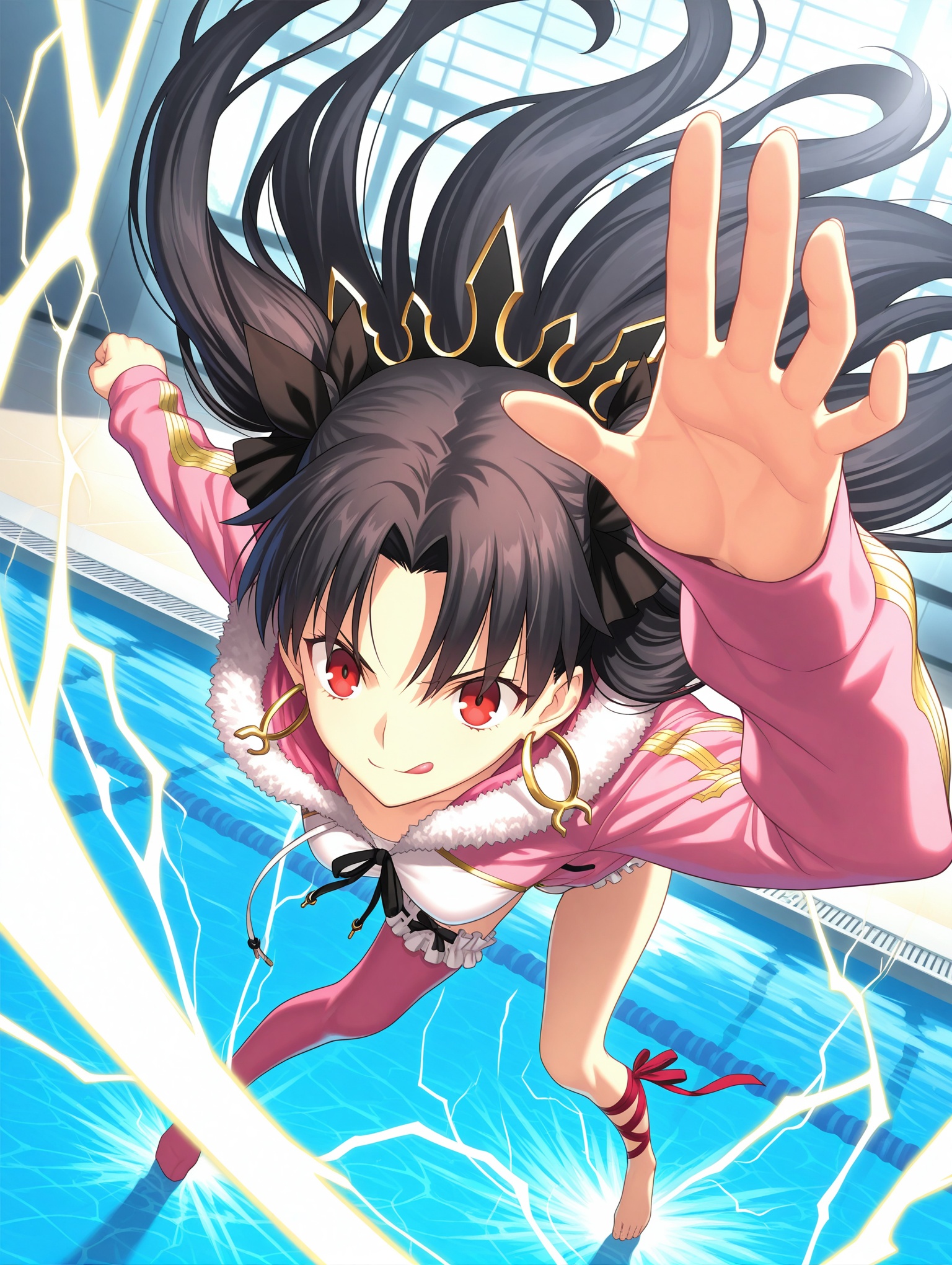 ishtar \(swimsuit rider) (fate\), fate \(series\), 1girl, red eyes, black hair, long hair, very long hair, two side up, parted bangs, hair ribbon, medium breasts, hoop earrings, pink jacket, white one-piece swimsuit, fur-trimmed hood, long sleeves, swimsuit under clothes, drawstring, asymmetrical legwear, single kneehigh, pink kneehigh, frills, leg ribbon, barefoot, licking lips, x3, pepe punch \(meme\), incoming attack, incoming punch, outstretched arms, outstretched hand, punching, foreshortening, attack trail, sunlight, poolside, electricity, colorful bubble, perspective, dutch angle, close-up, (kousaki rui:0.5), (takeuchi takashi:0.6), (aora:0.7),,masterpiece,best quality,amazing quality,