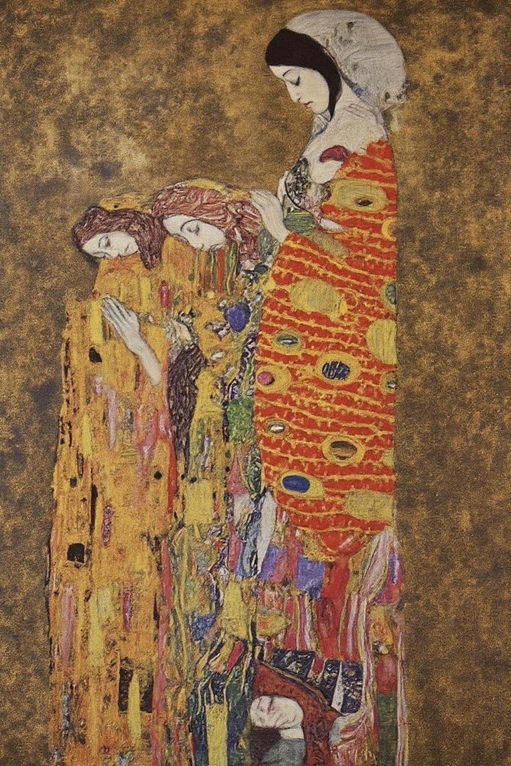 kl1mt painting.Profile of woman wearing a robe with intricate geometric patterns is show in in a side view. A group of wom...