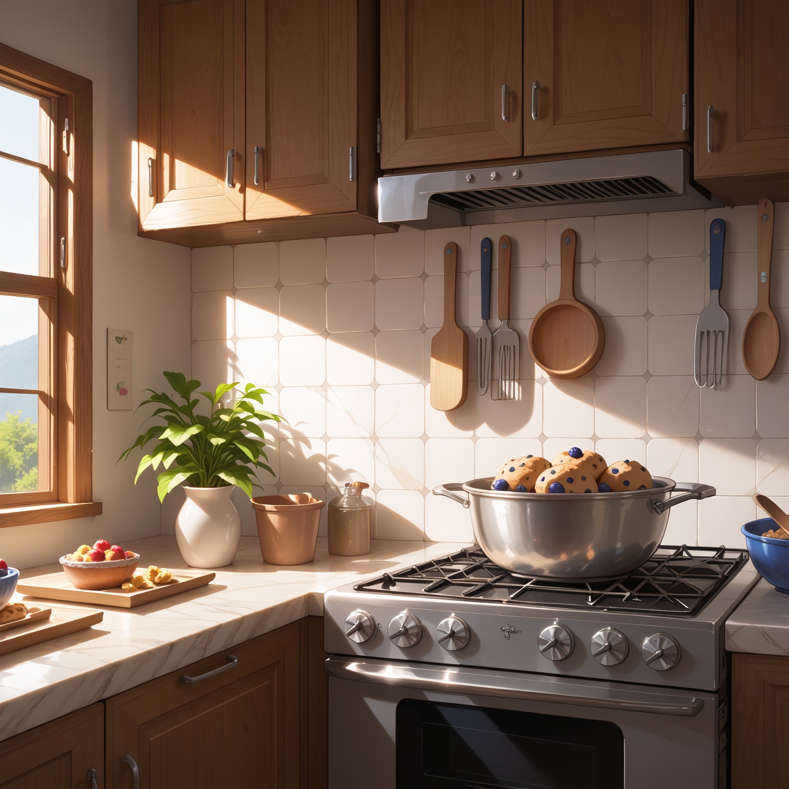 baking a batch of blueberry muffins in a well-lit kitchen on Tensor.Art