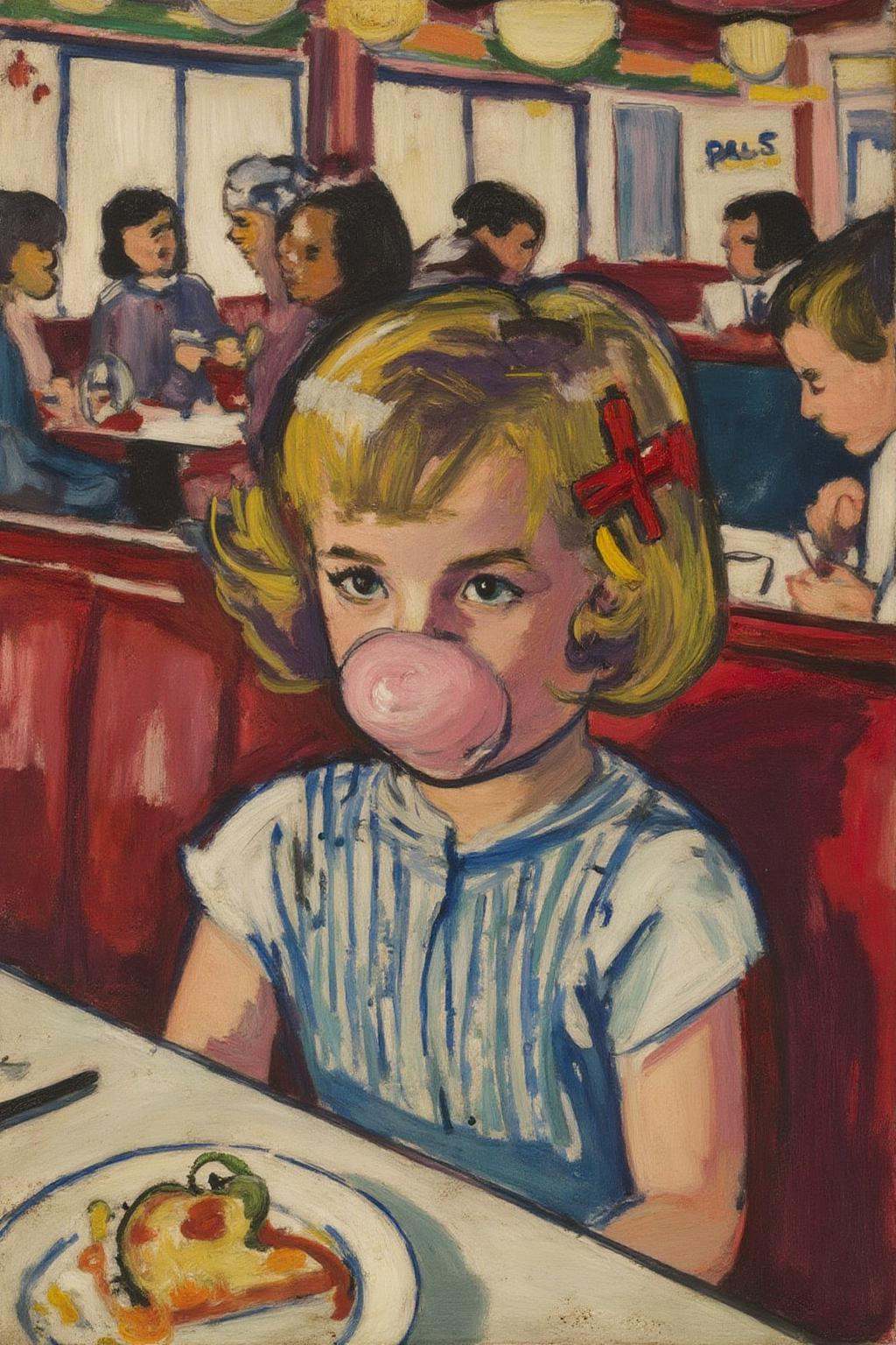 henrylymansayen1 painting.Close up of a young girl who's face is covered in pink bubble gum,  sitting on the right in a di...