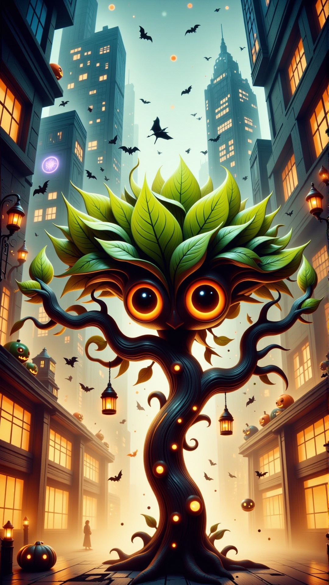 HalloweenGlowStyle orange themed A lone tree growing in a futuristic,  glass-covered city,  with vibrant green leaves and...
