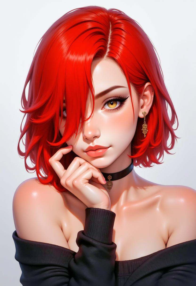 A highly detailed digital illustration in realistic anime style of a young woman with striking features. She has vibrant,...