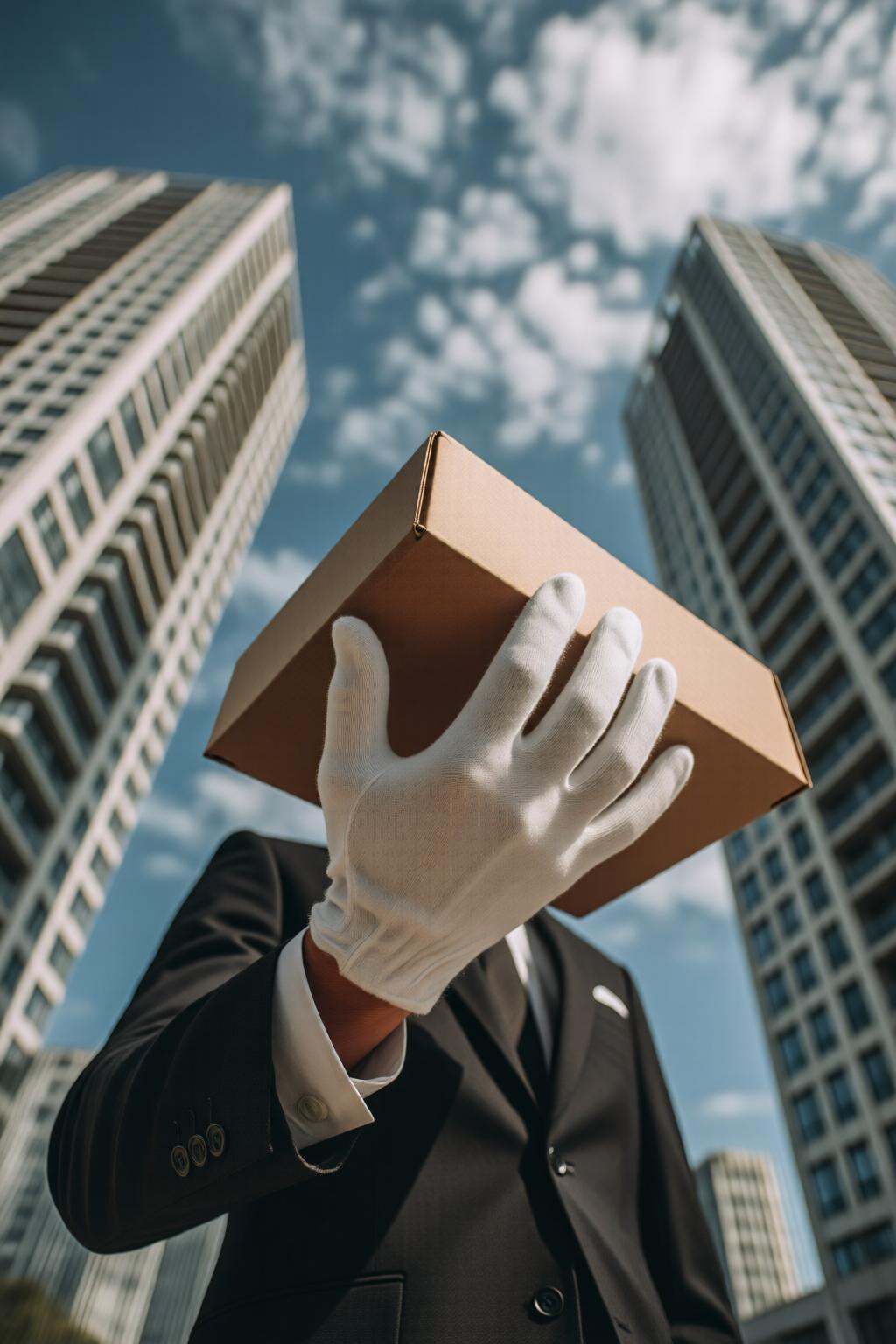 midjourneylowangle11q Low angle shot. A man dressed in a formal suit is holding a cardboard box with white gloves. The bac...
