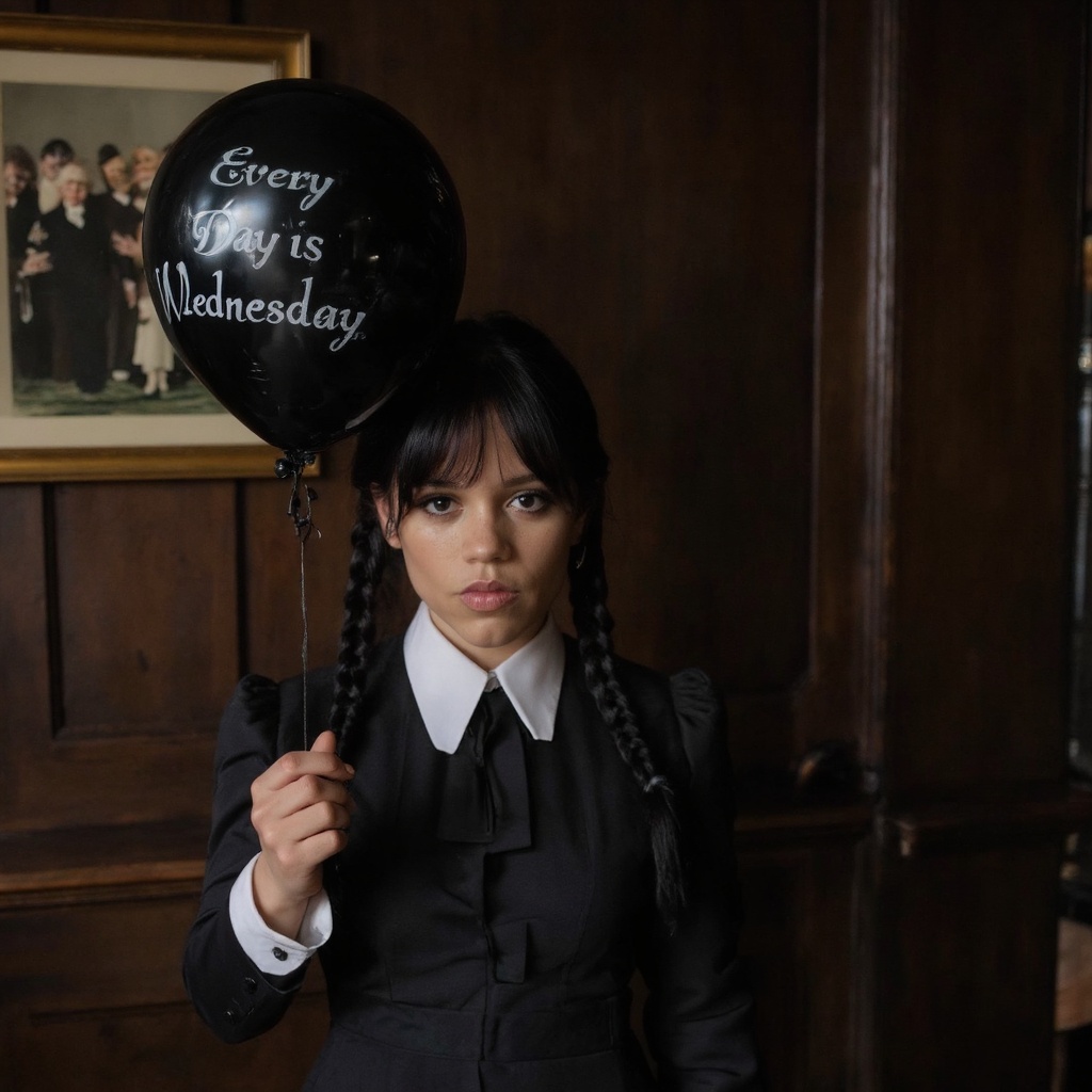 A portrait of jenna_ortega in a dark,  Victorian-era setting. She wears a black dress with a white collar and holds a blac...