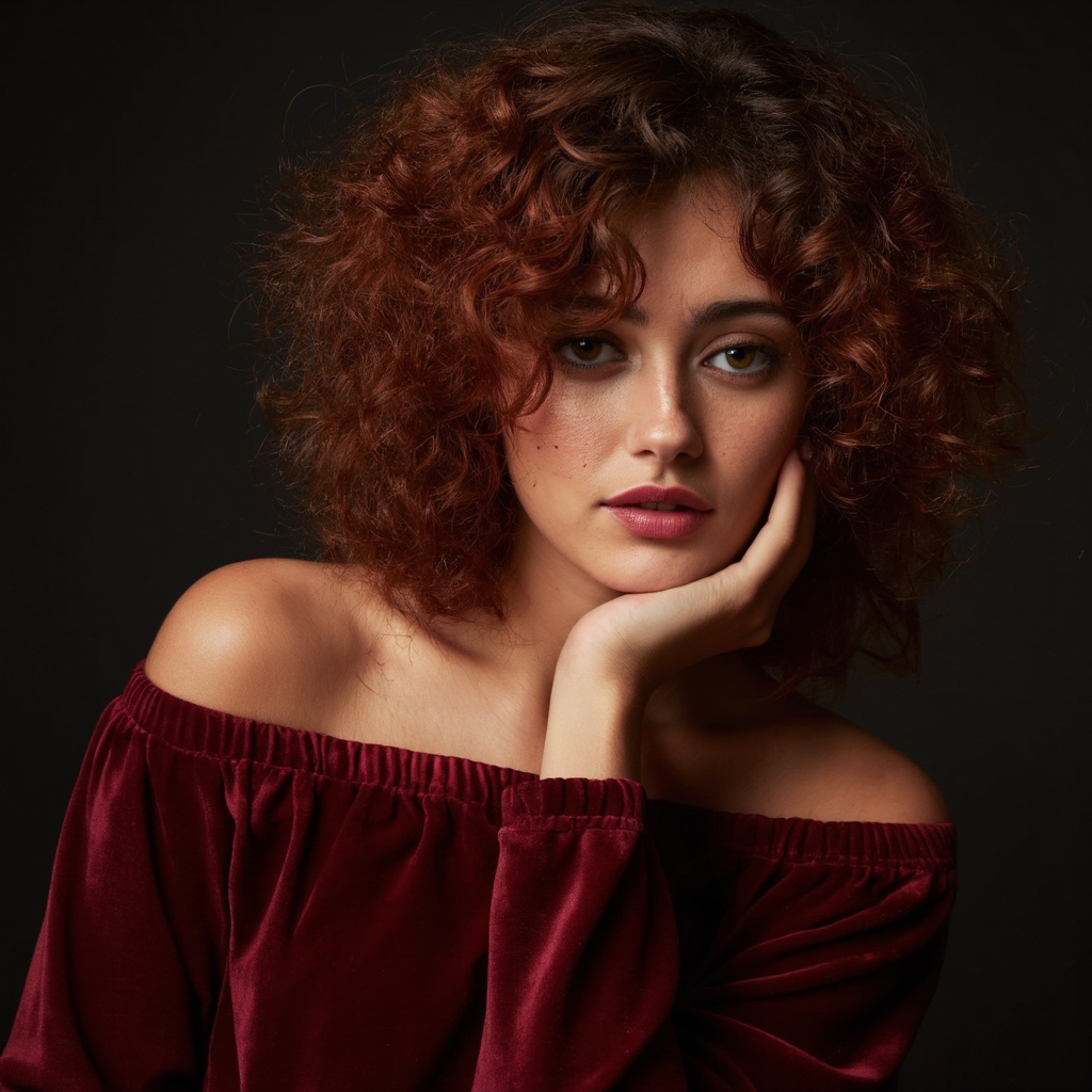 A close-up portrait of ella_purnell with vibrant,  curly,  reddish-brown hair. She wears a deep red on Tensor.Art
