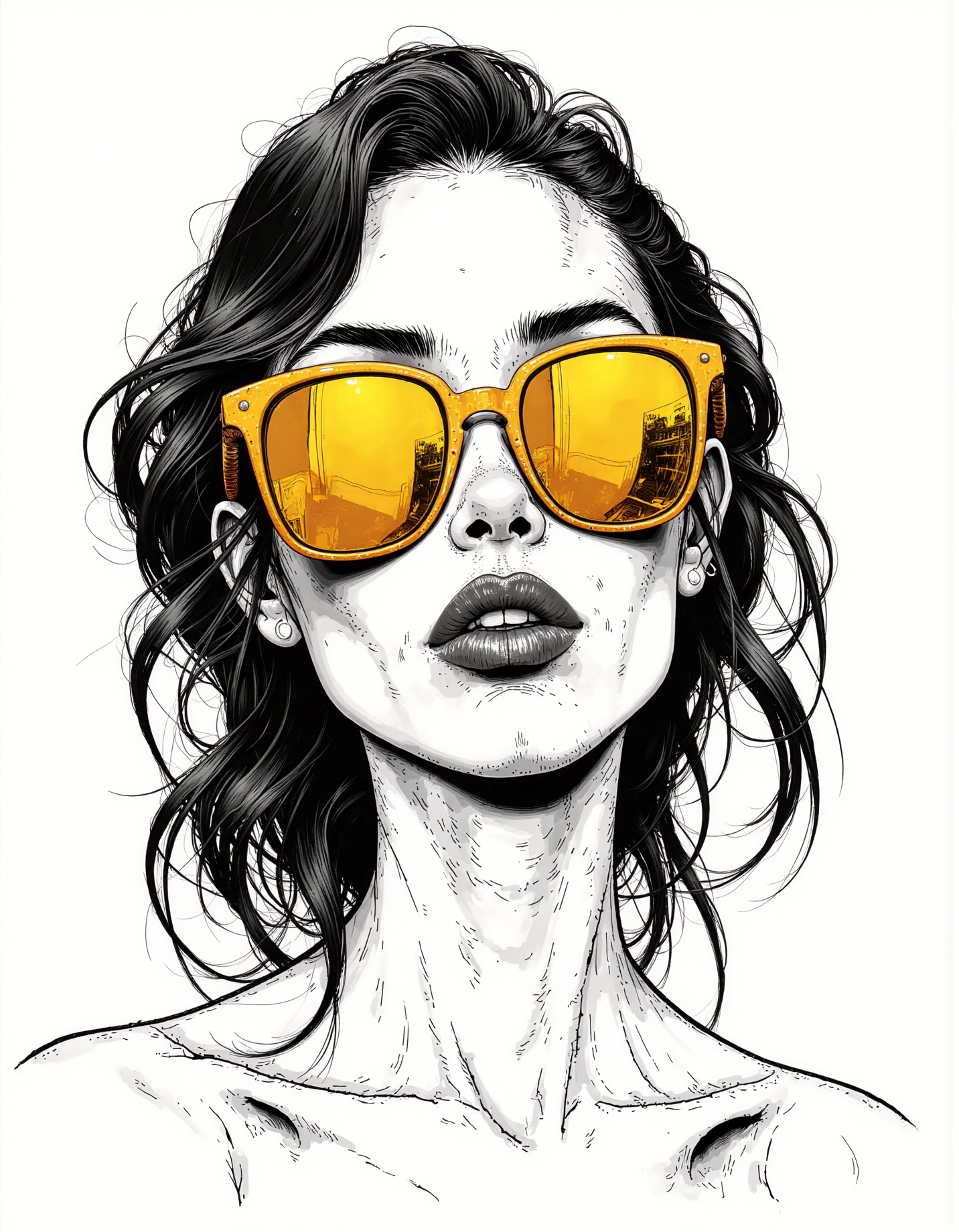 A graphic illustration,  black and white,  of a woman with bright gold sunglasses. d1eselc0re on Tensor.Art