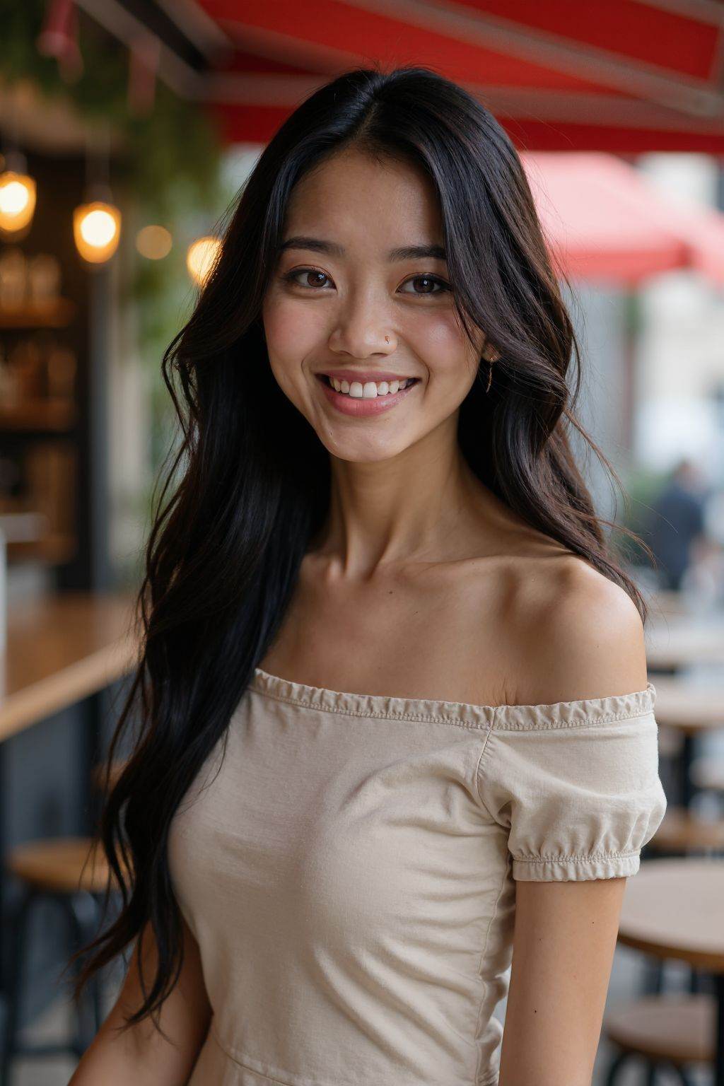 This is a beautiful photograph of a woman,  black hair cascading over her shoulders. She is wearing a boatneck dress,  Sta...