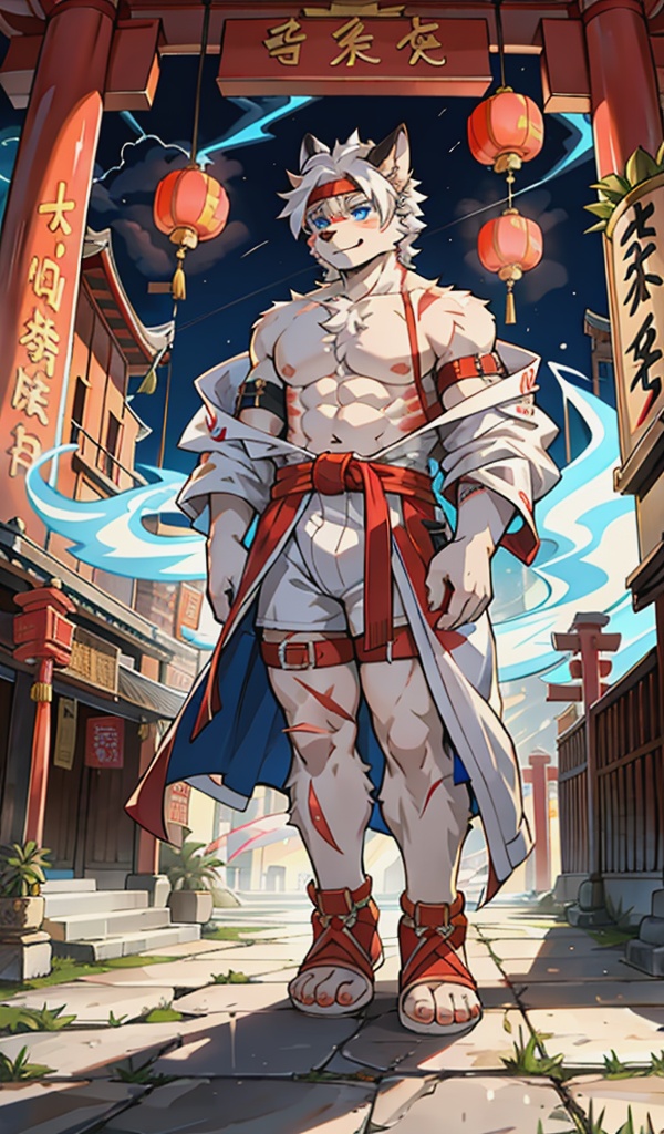 A dynamic scene unfolds as the muscular male,sporting goggles on his forehead and a collarbone-length haircut with messy curls,dons cat ears and a Hand Strap. His red and blue eyes gleam amidst thick eyebrows. A scar adorns his nose. The atmosphere is charged with lightning surrounding him,He stands barefoot,wearing a T-shirt under a furry coat,doggy eyes . His curly hair sticks out in every direction,and thick eyebrows frame his gaze.,bandaid on leg,Chinese architecture,torii,solo,Leaks out of the right shoulder,blue fire,neon light,cityscape,White balayage,Orange scrubbed white hair,pixel creature,Expose right shoulder,no shoes,