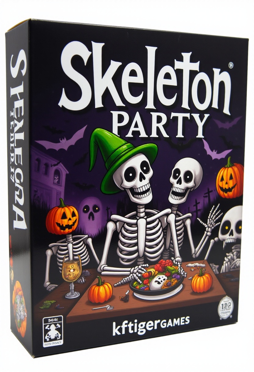 The image is a photograph of the box for a board game called "Skeleton Party" by kftiger Games. The box is designed in a w...