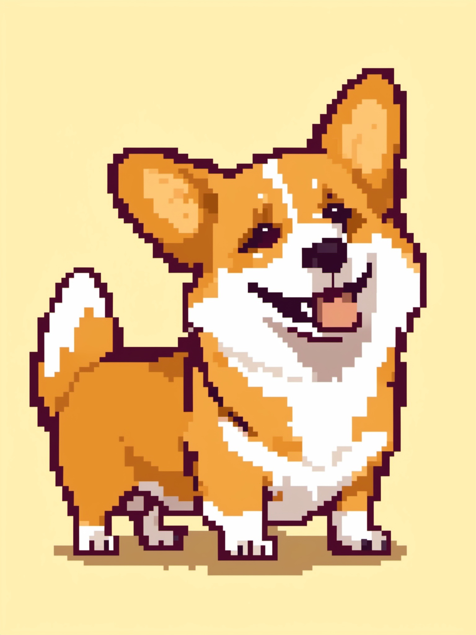 This is an image of a cheerful dog,  possibly a Pembroke Welsh Corgi,  illustrated in a pixel art style. The dog has a pro...