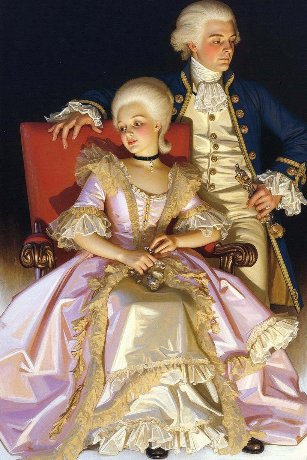 jcleyen1 painting. An elegant,  historical scene. The artwork depicts a woman and a man in 18th-century attire,  evoking t...