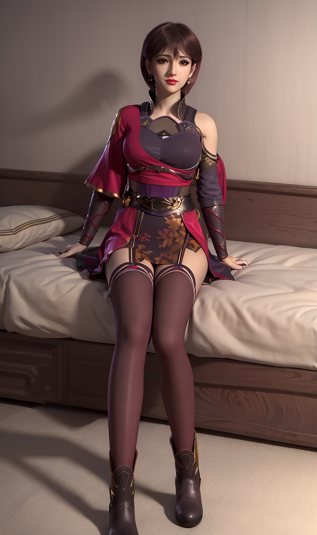 3D,masterpiece,(best quality),(makeup),official art, extremely detailed cg 8k wallpaper,((crystalstexture skin)), (extremely delicate and beautiful),(highly detailed),(face),(collar),(1girl), (solo), (jewelry), (earrings),(brown_hair),(short_hair),(hair_ornament),(handwear),(breasts),(sitting),((full_body,whole_body)),(closed_mouth),(city,indoor,bed),(dress),(shorts_skirt),(asymmetrical_clothes),(multicolored_clothes),(multicolored_dress),,(shiny_clothes),,(long_legs),(sash),(thighhighs),(socks),,((looking_at_viewer)),((Facing the camera)),,(boots),(footwear),, <lora:hipoly3DModelLora_v10:0.3>