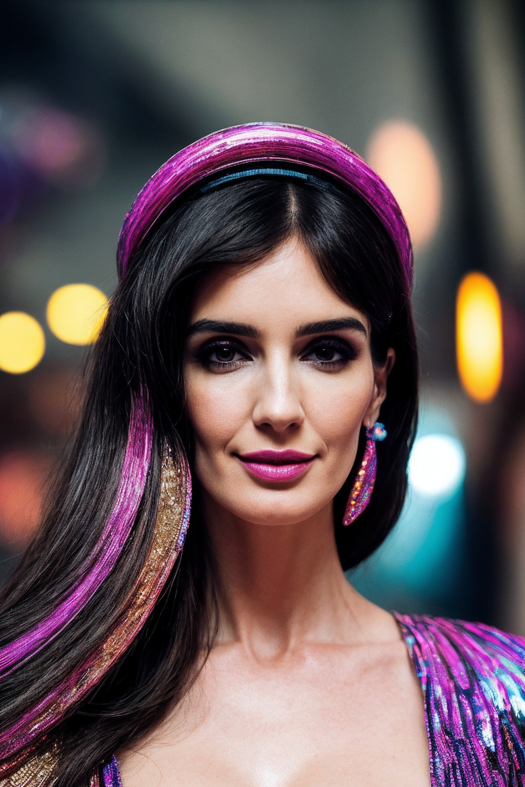 PazV_SoloTI_v1,  (In an eclectic outfit of swirling neon colors and abstract patterns,  adorned with reflective sequins an...
