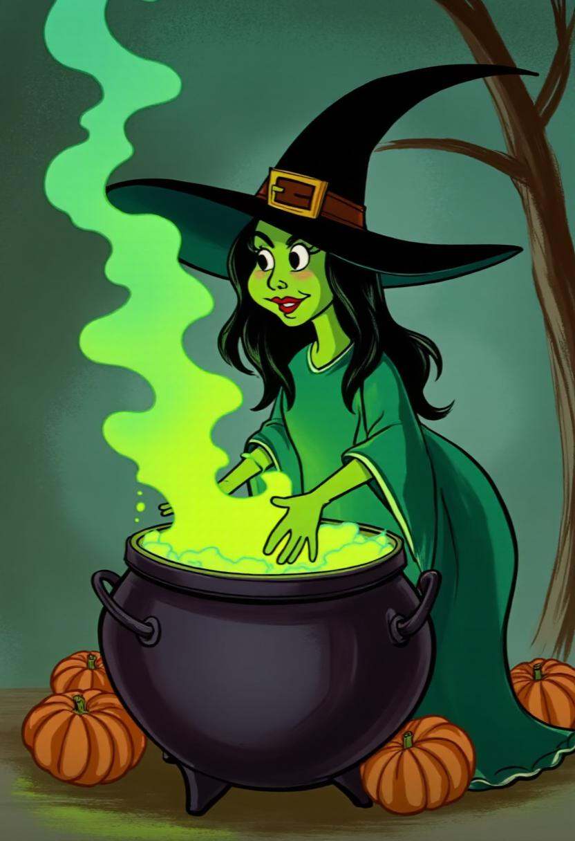 tjstyle cartoon image of a green witch brewing with her cauldron on Tensor.Art