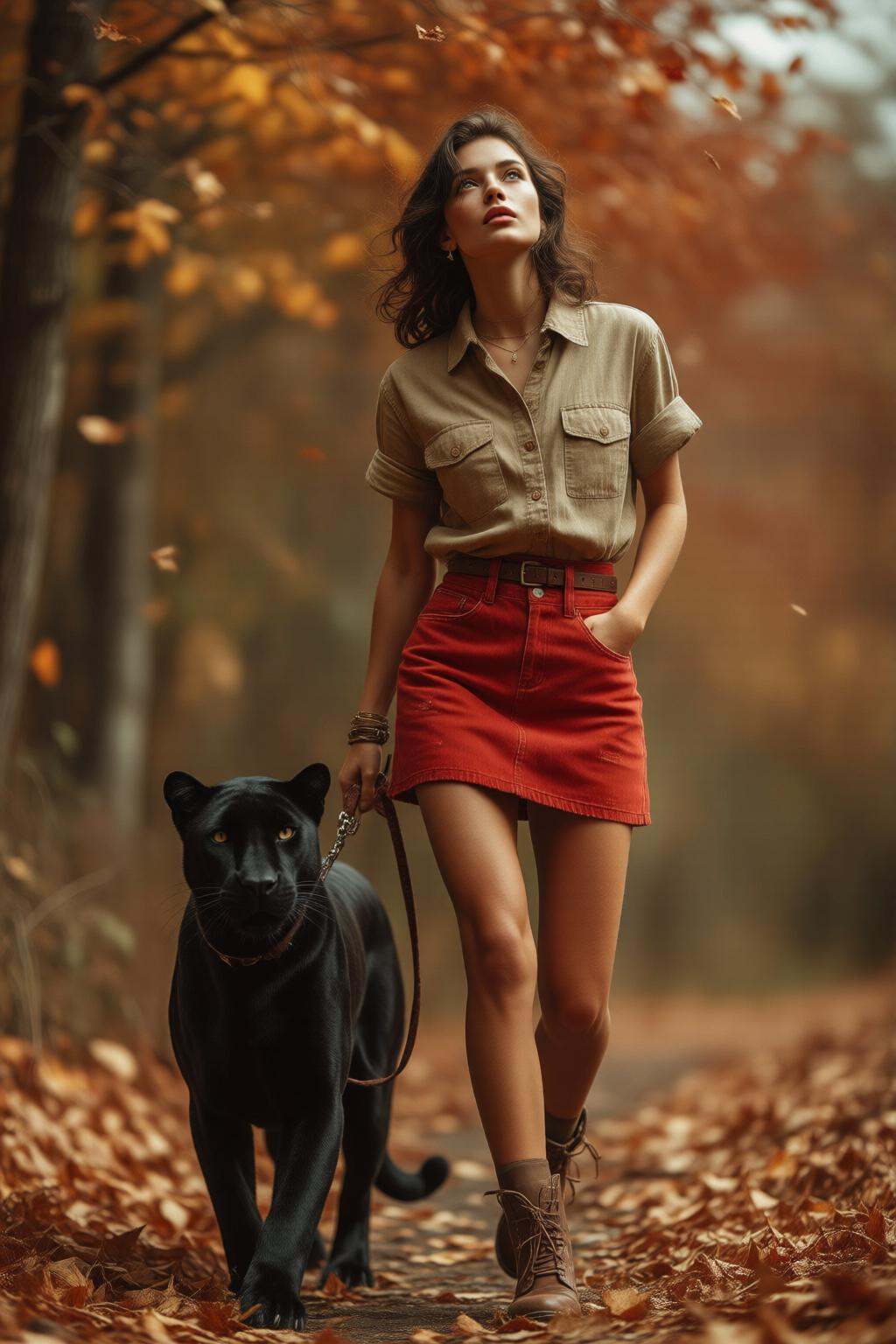 midjourneymix10q photograph. A woman,  wearing a short-sleeved shirt and red jean miniskirt,  walking a black panther on T...