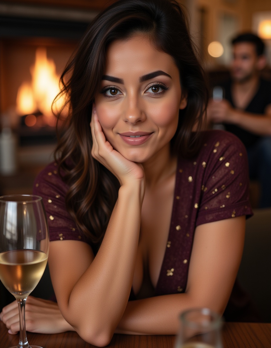 Medium shot of a woman. Casual,  slightly off-center composition. Subject is light-skinned with expressive brown eyes. She...